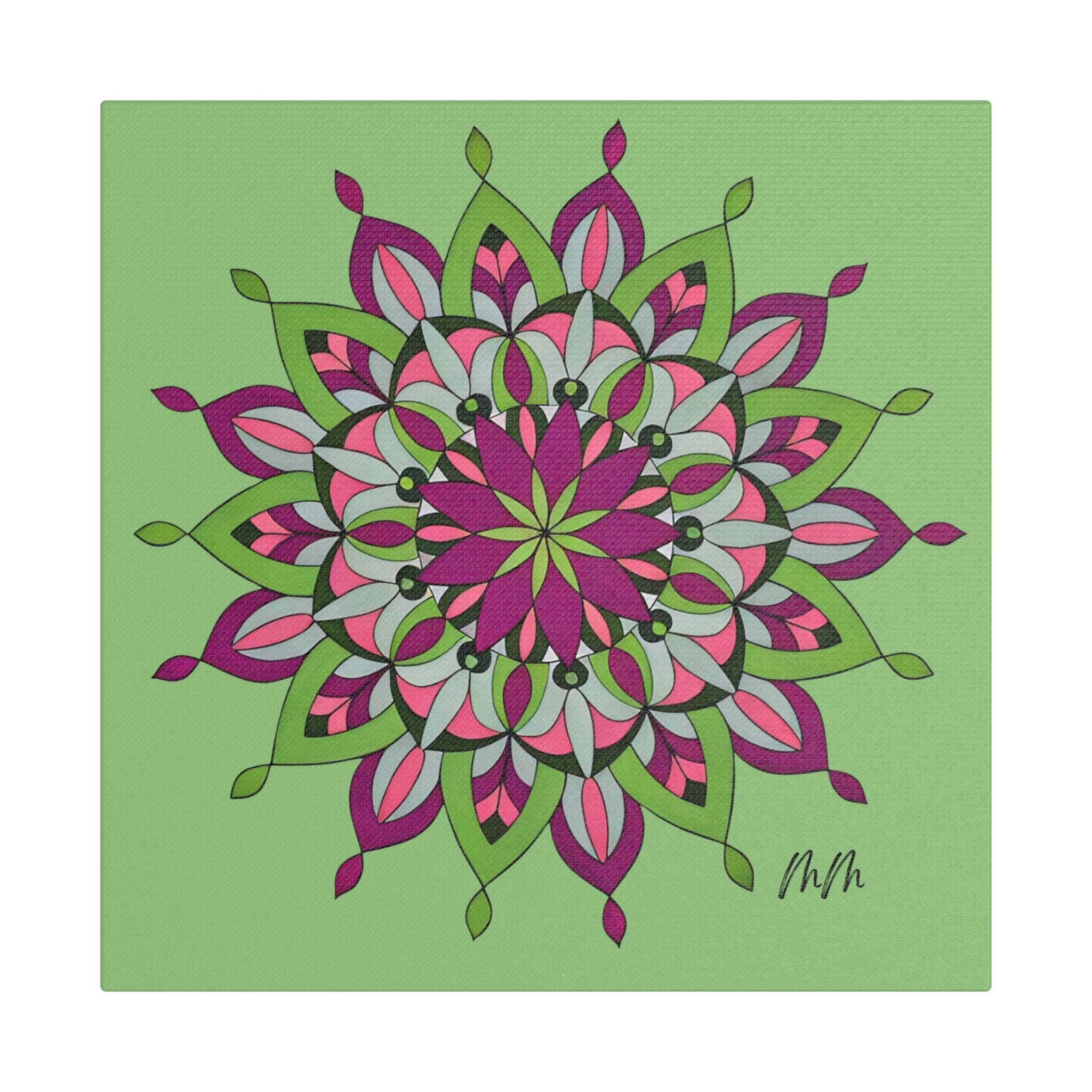 Cali Mandala Floral Satin Canvas Wall Art — Pink & Green Stretched Print