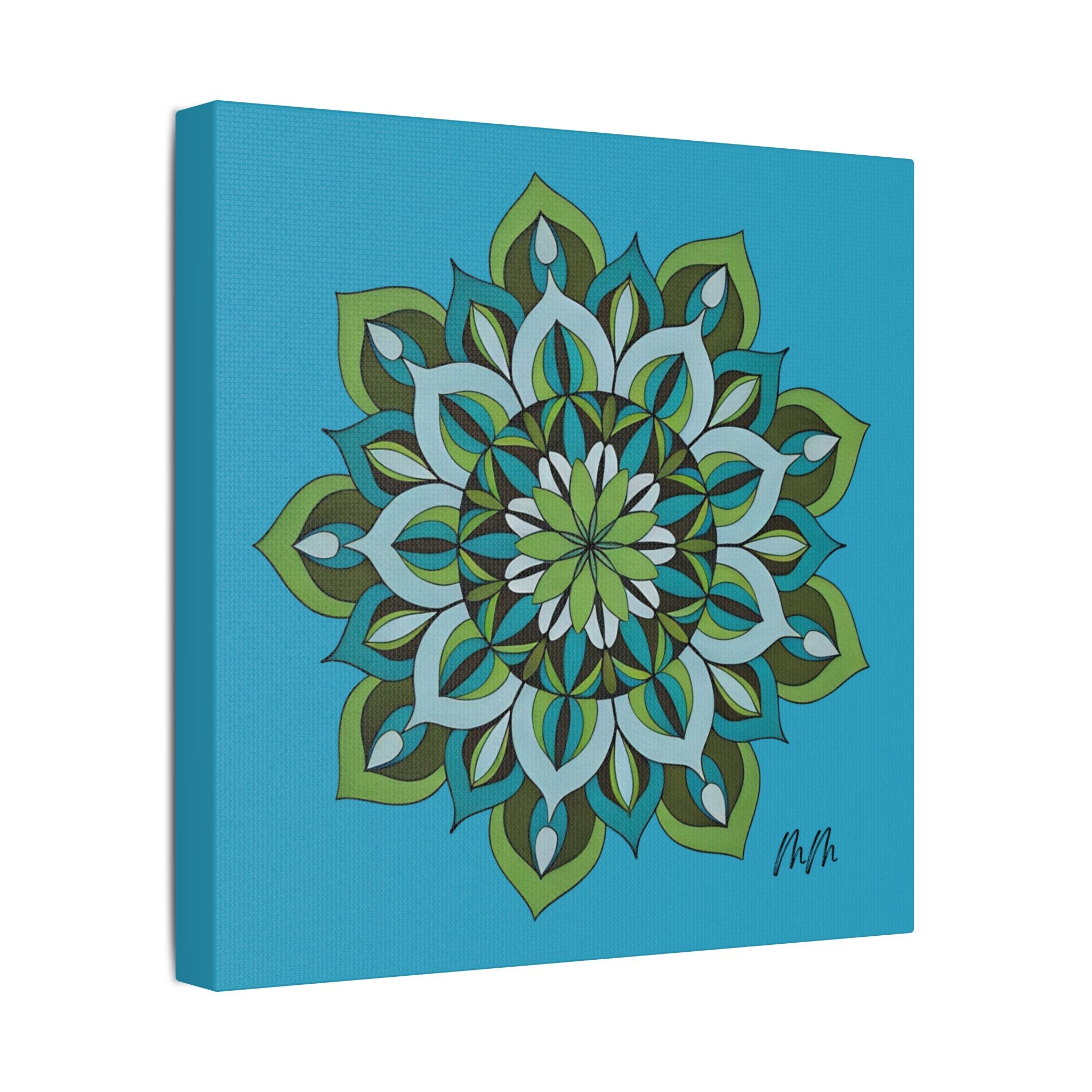 Lynne Mandala Art Green Blue Floral Mandala Satin Canvas Wall Art — Stretched Decorative Canvas