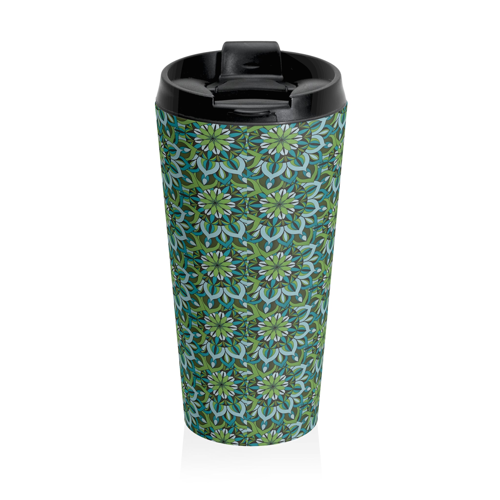 Lynne Mandala Art Green Floral Travel Mug — Stainless Steel Insulated Tumbler