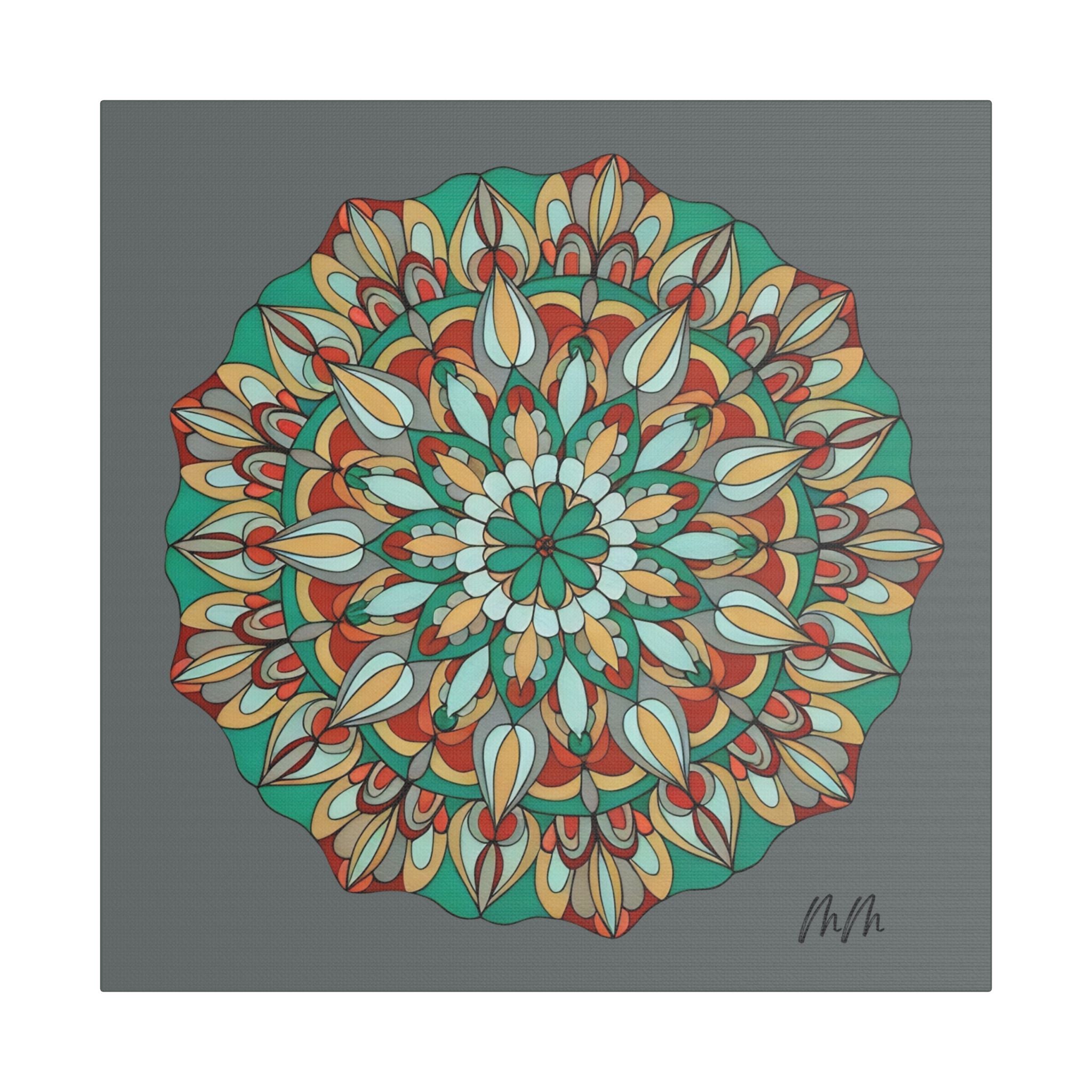 Myra Mandala Wall Art Canvas — Teal & Orange Geometric Boho Decor (Stretched Satin)