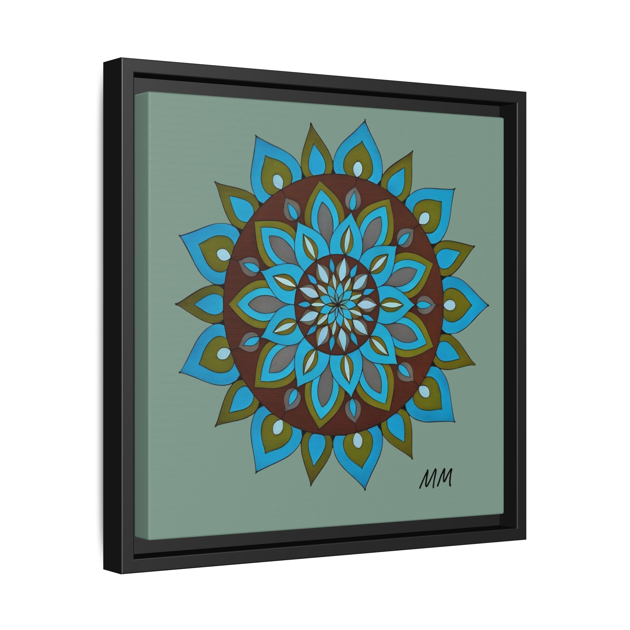 Emily Mandala Art Framed Canvas Wall Art — Blue Green Floral Geometric