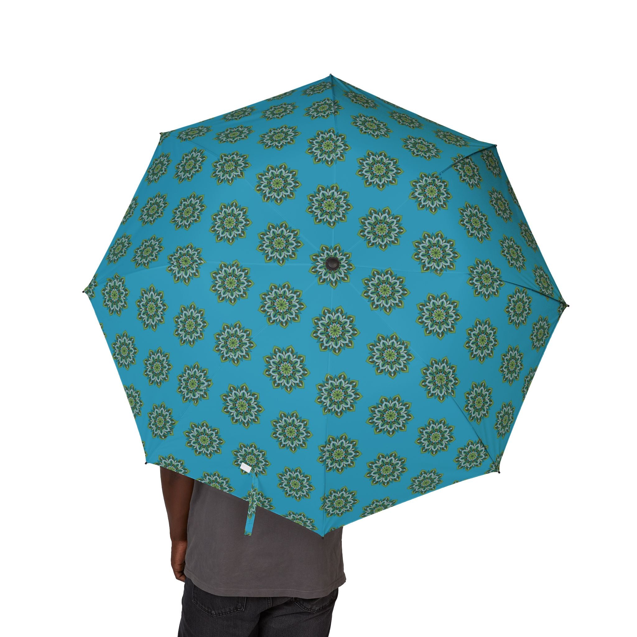 Lynne Mandala Art Compact Foldable Umbrella — Teal Mandala Semi-Automatic Travel Umbrella