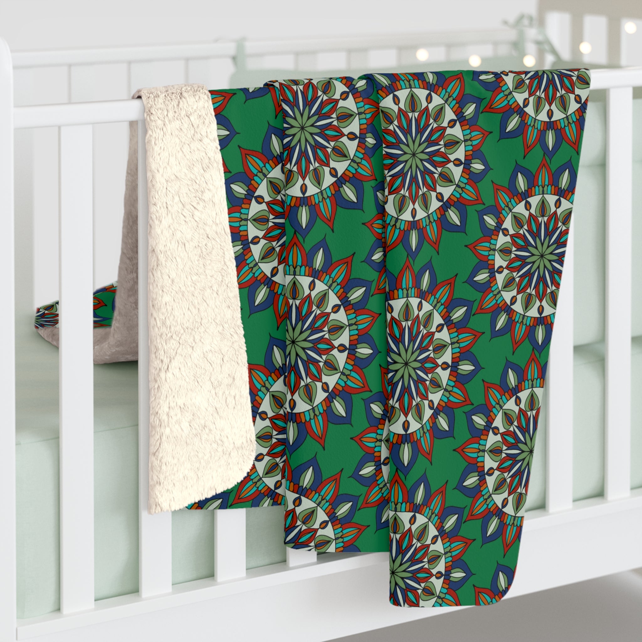 Leslie Mandala Geometric Floral Sherpa Blanket, Green, Blue