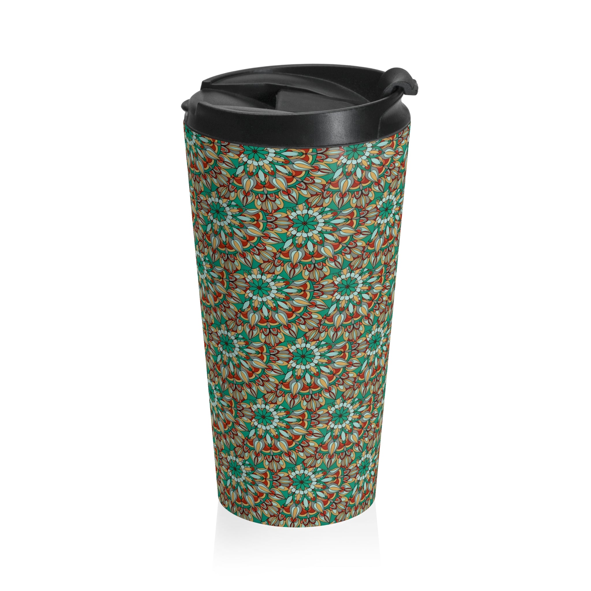 Myra Mandala Art Floral Mosaic Stainless Steel Travel Mug — Green Boho Patterned Tumbler