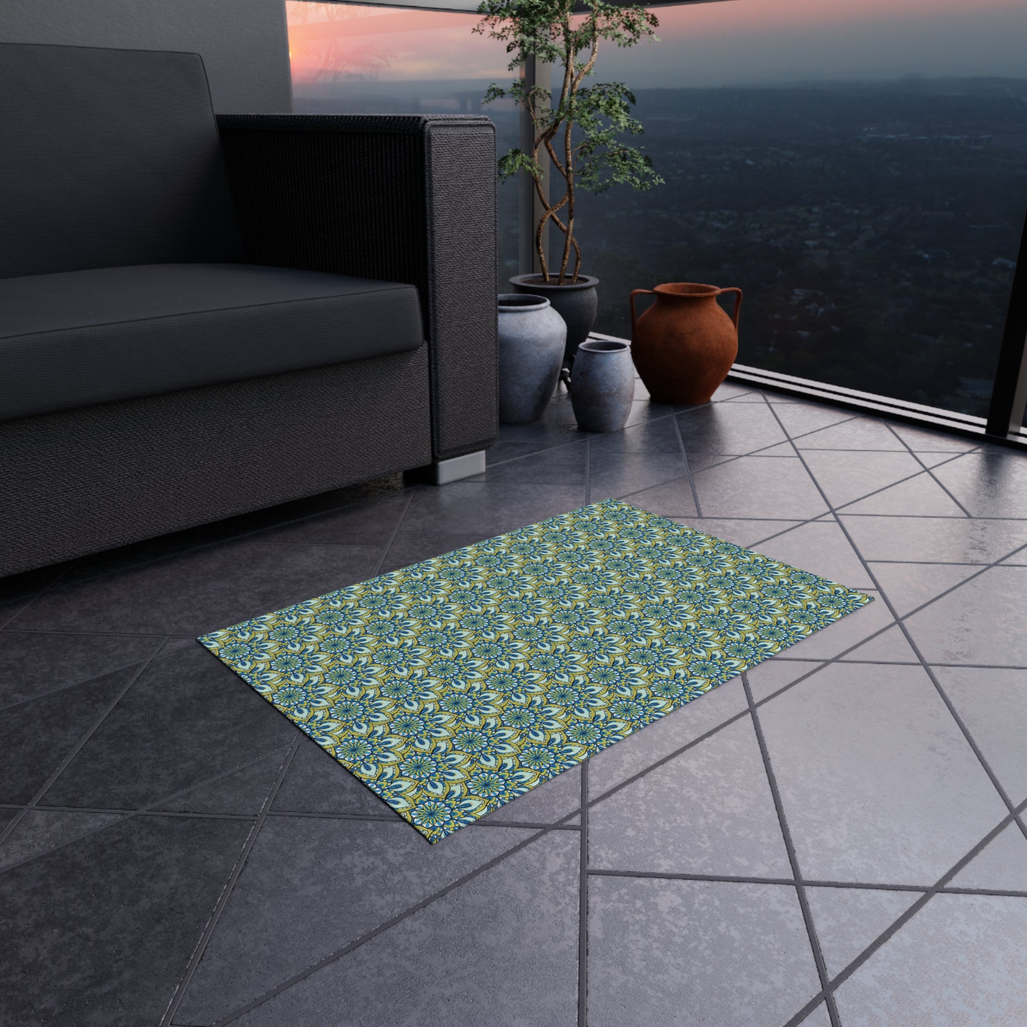 Atarf Floral Tile Outdoor Rug — Blue Green Geometric Patio Mat
