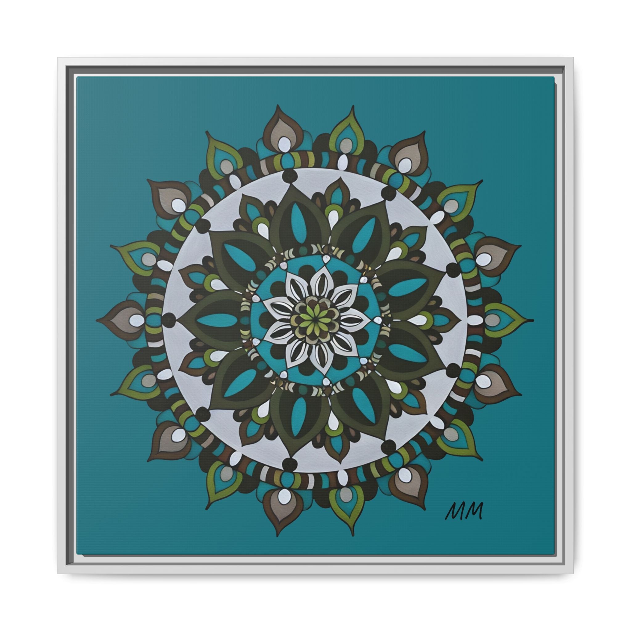 Remi Teal Mandala Framed Canvas — Matte Floral Wall Art