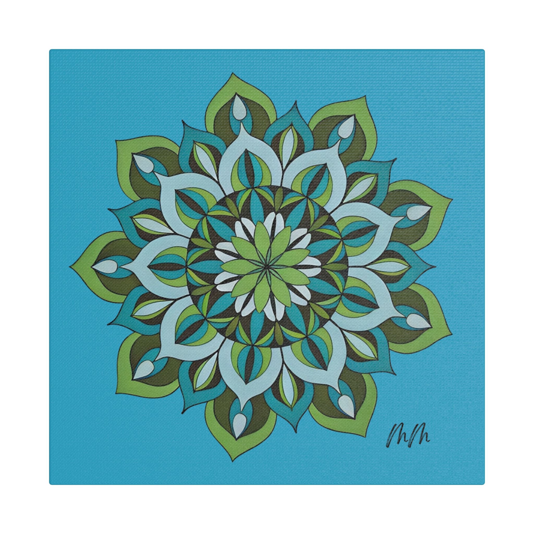 Lynne Mandala Art Green Blue Floral Mandala Satin Canvas Wall Art — Stretched Decorative Canvas