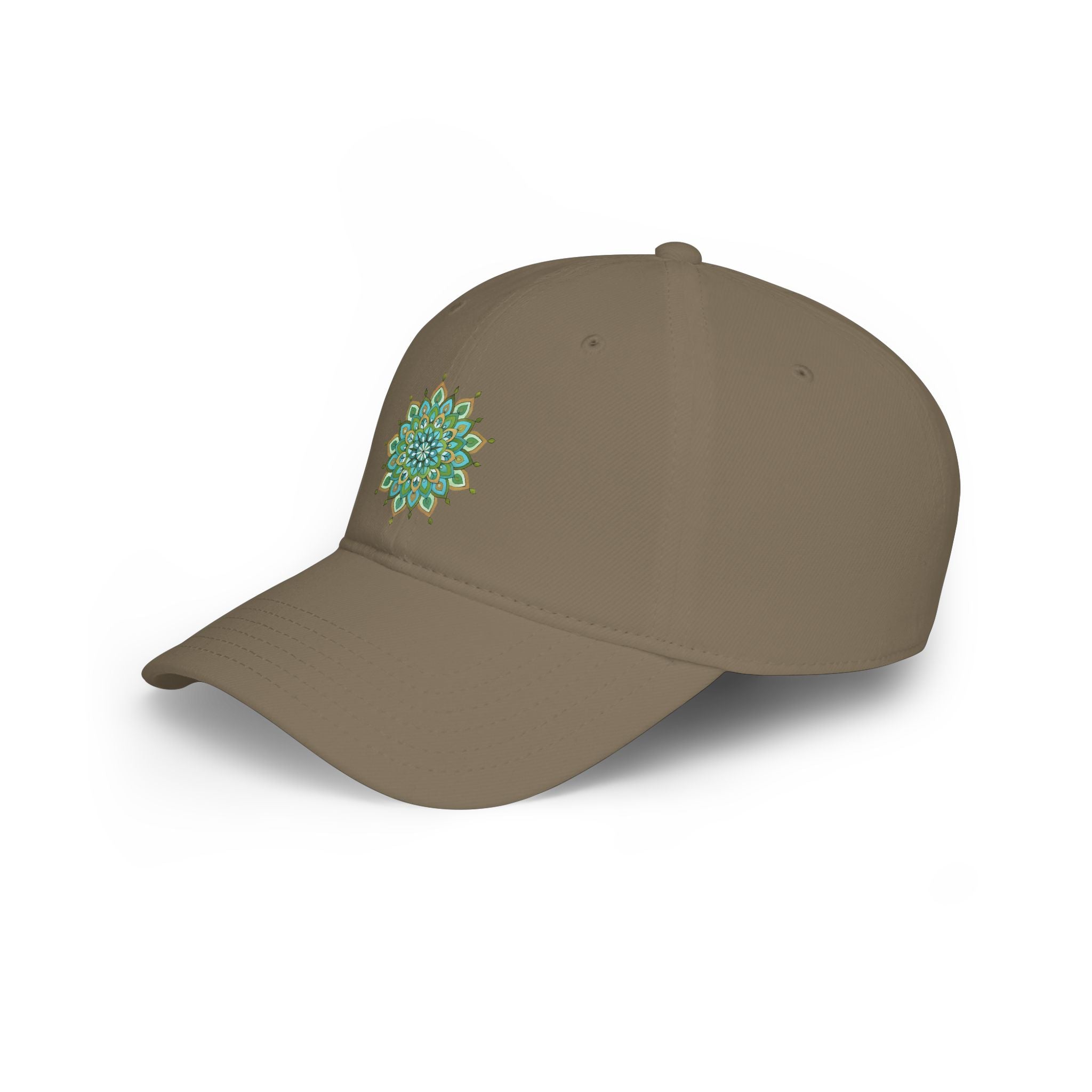 Mary Mandala Embroidered Green Baseball Cap — Low Profile Floral Sunburst Hat