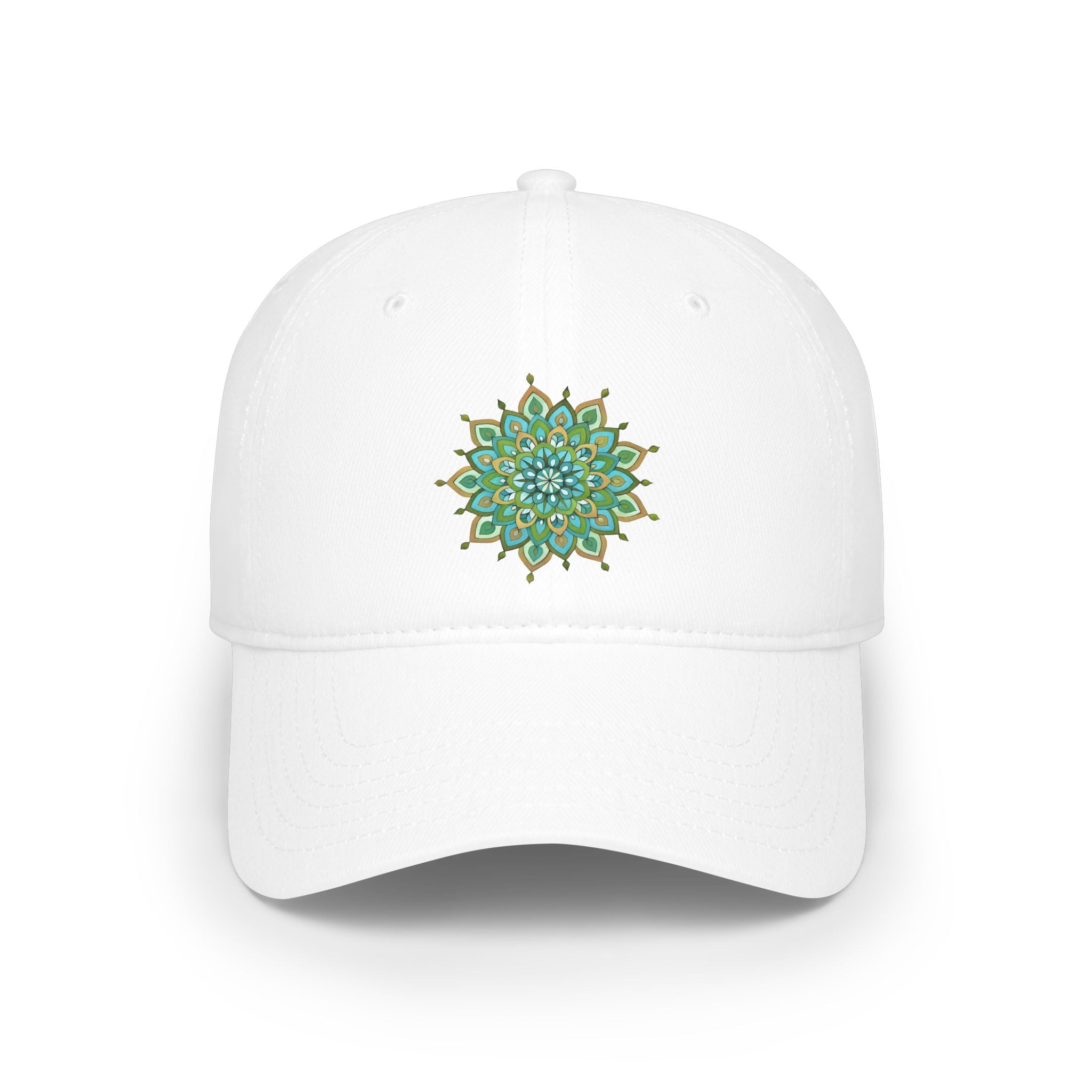 Mary Mandala Embroidered Green Baseball Cap — Low Profile Floral Sunburst Hat