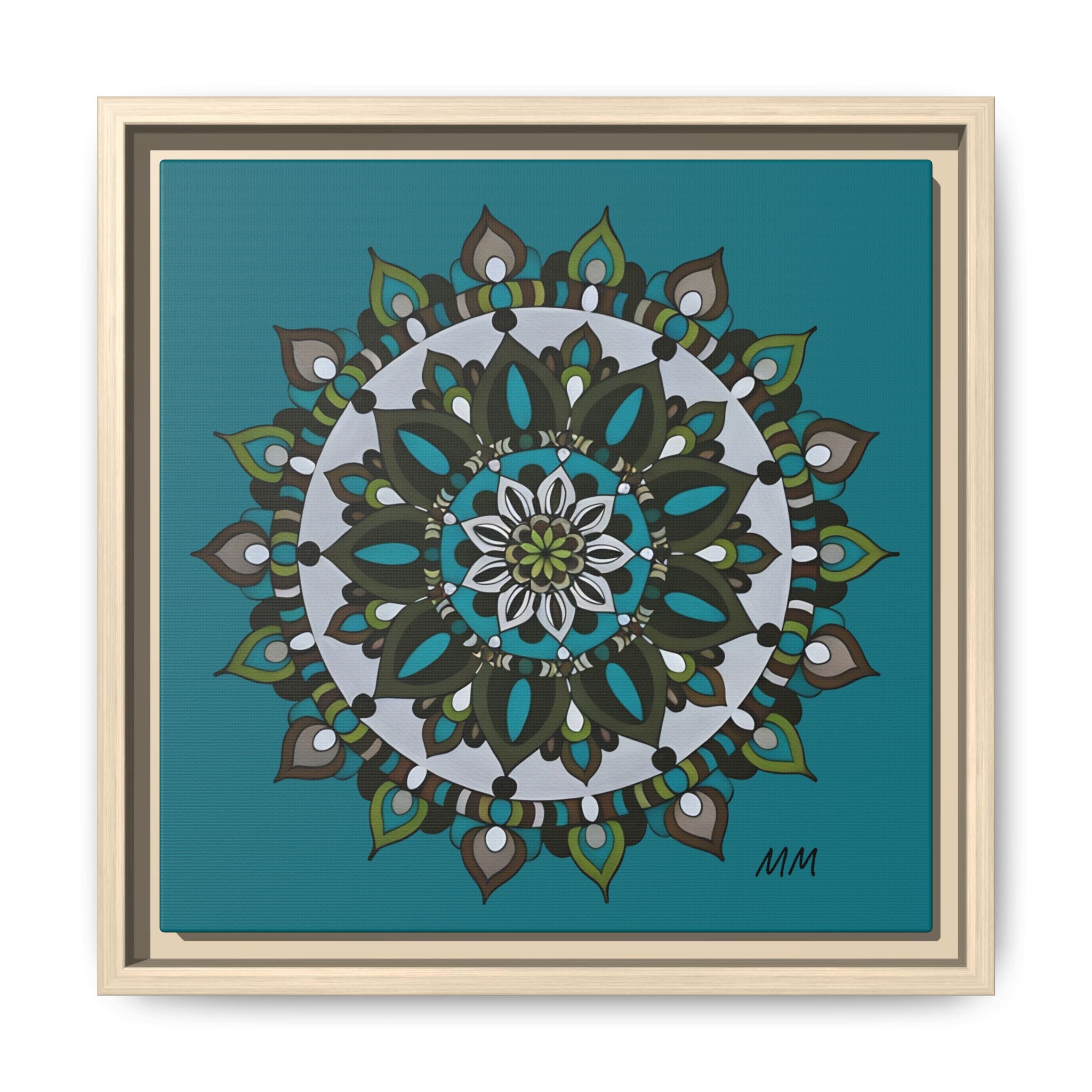 Remi Teal Mandala Framed Canvas — Matte Floral Wall Art