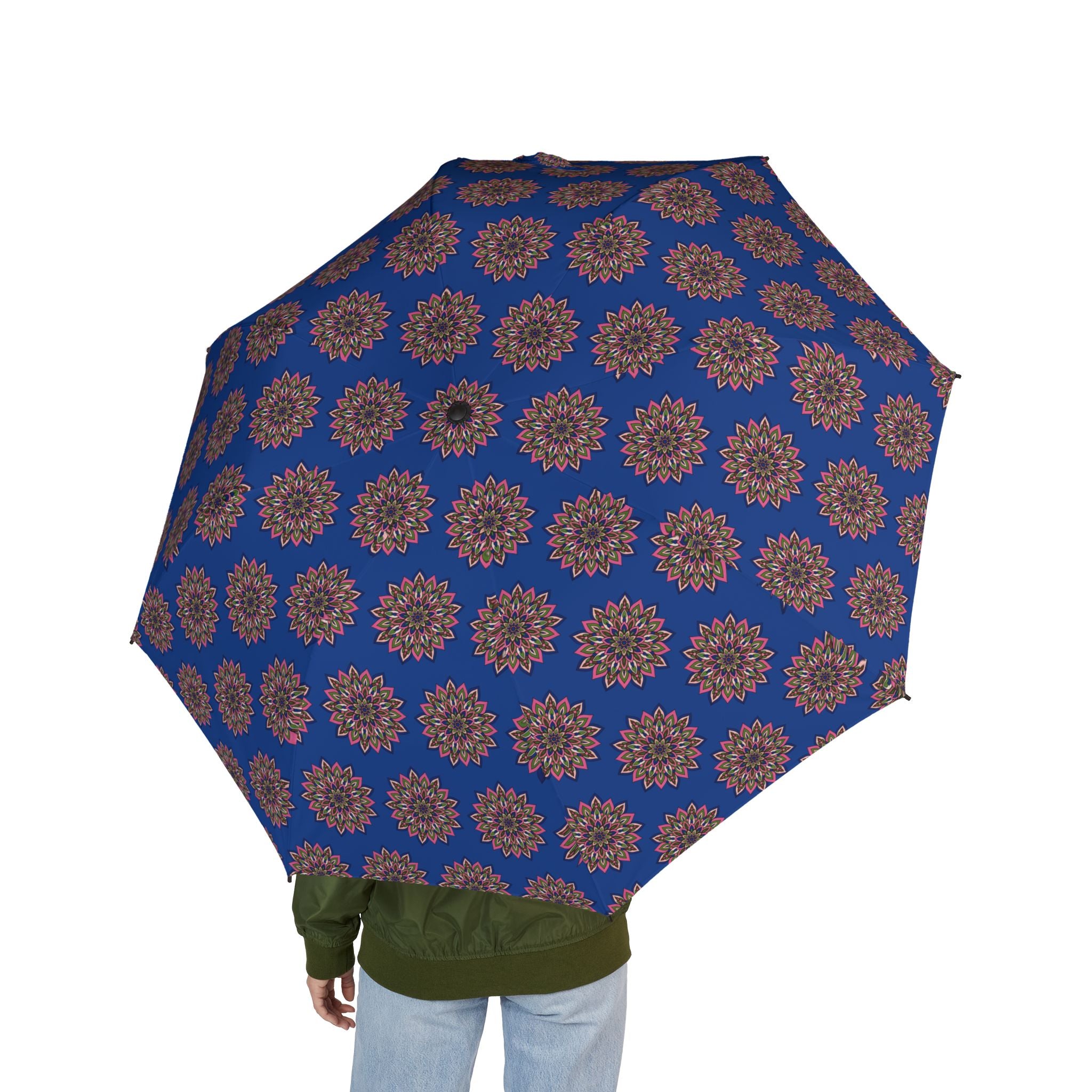 Laura Mandala Art Pink, Blue Mandala Foldable Umbrella — Semi-Automatic Compact Rain Umbrella