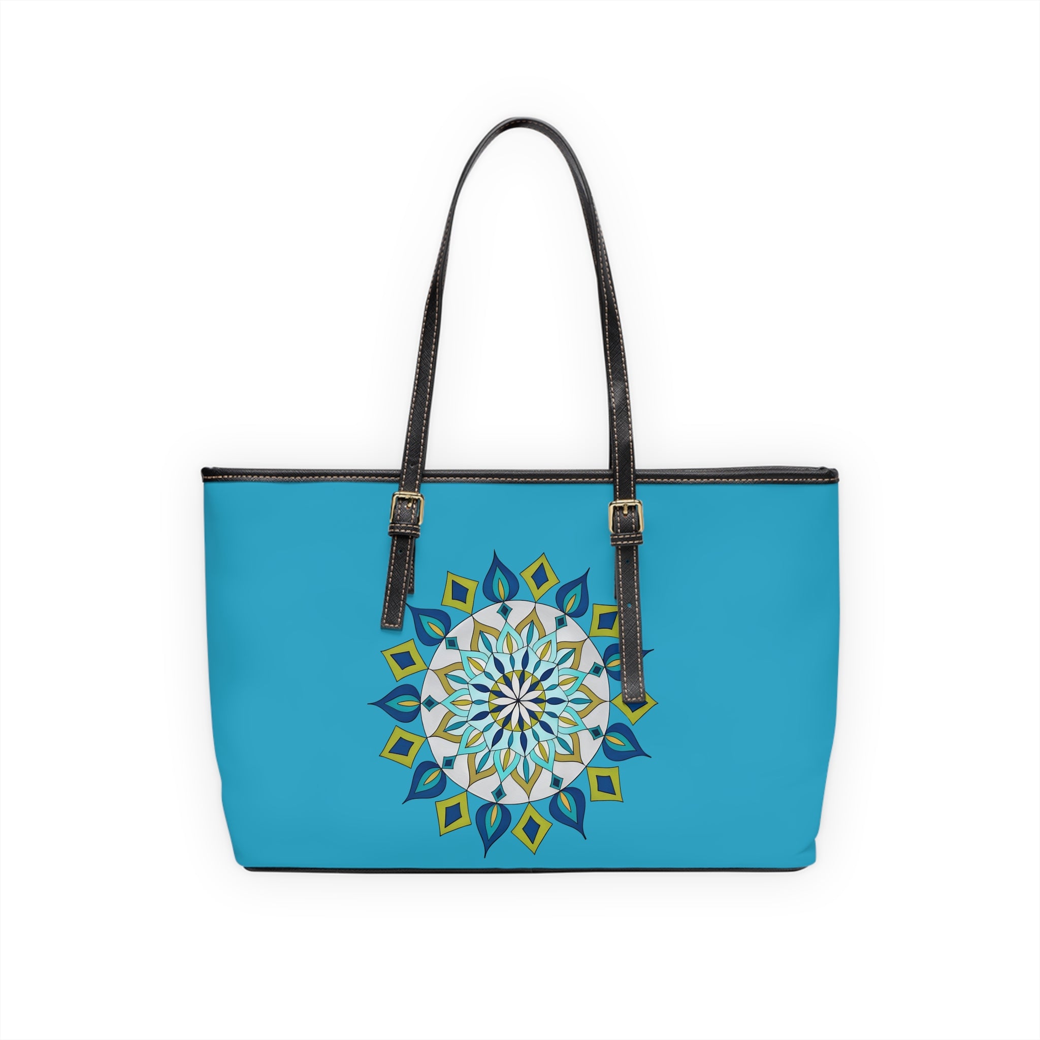 Genie Mandala Tote Bag – Blue PU Leather Shoulder Bag with Geometric Floral Design by Infinite Hue