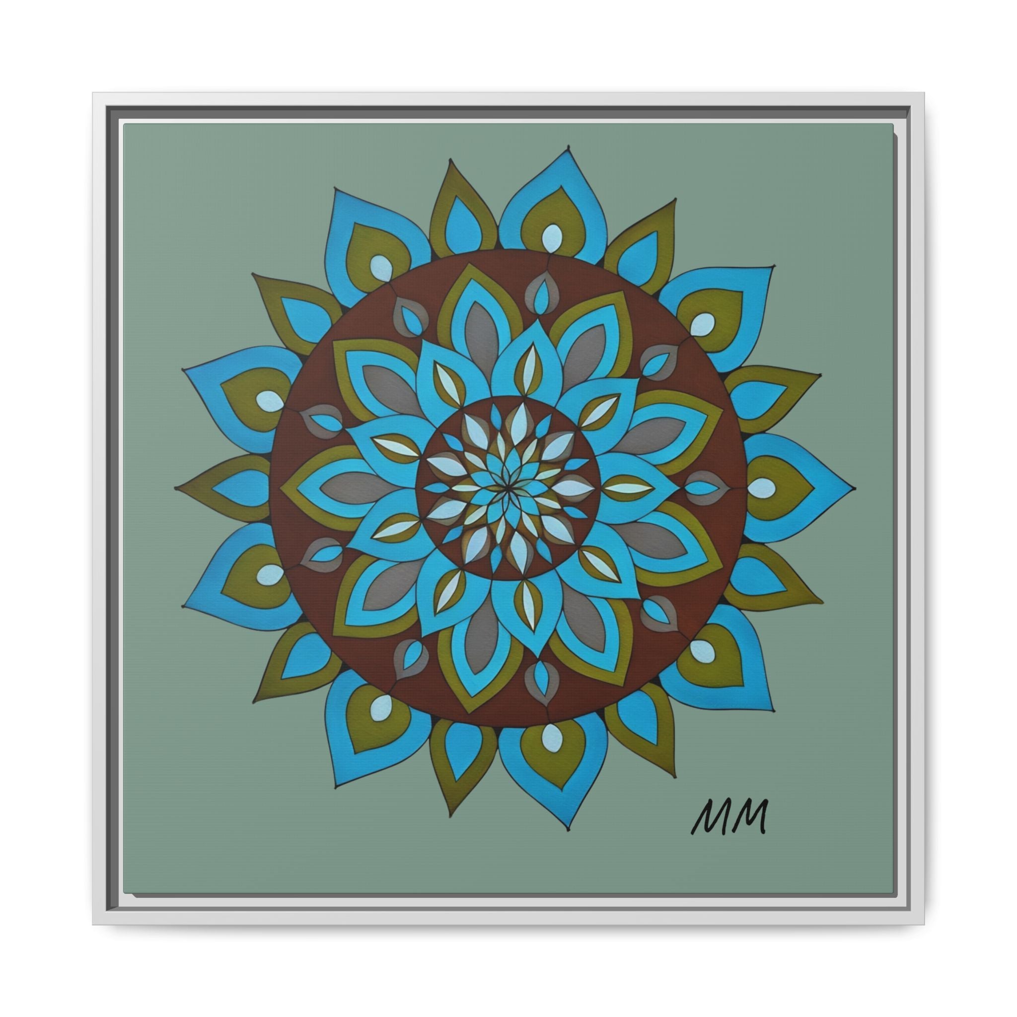 Emily Mandala Art Framed Canvas Wall Art — Blue Green Floral Geometric