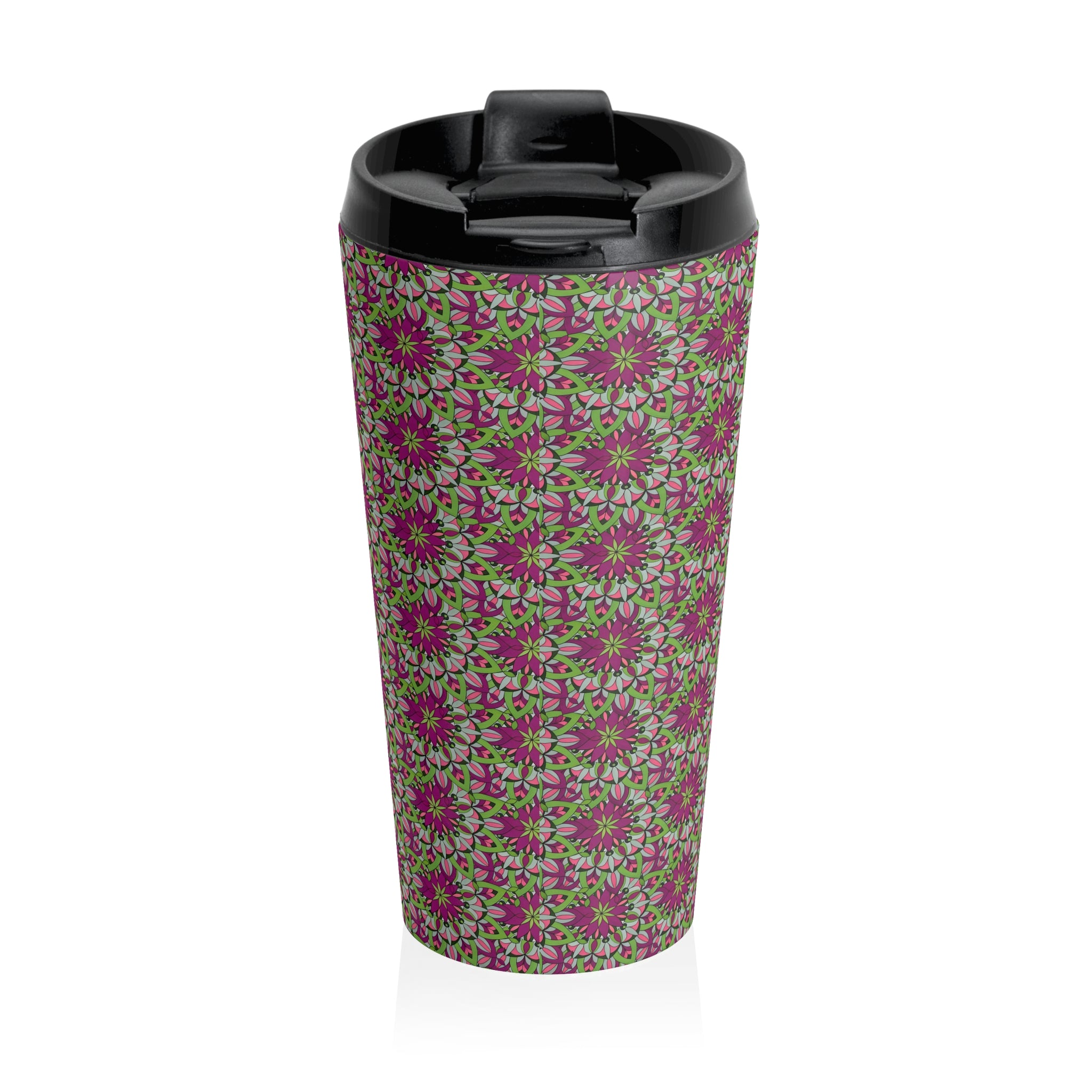 Cali Mandala Art Floral Mosaic Stainless Steel Travel Mug — Pink & Green Boho Pattern