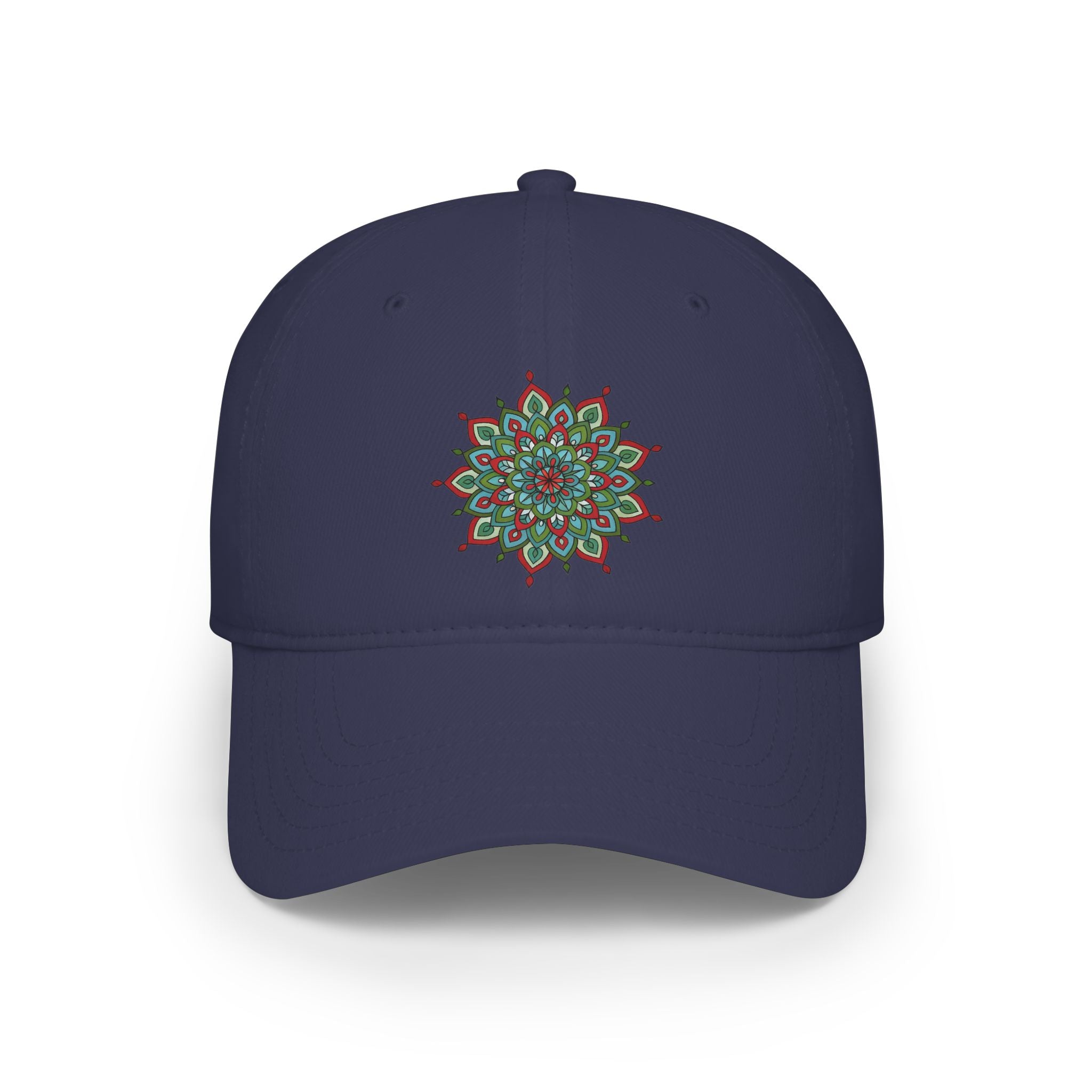 Khloe Mandala Art Floral Mandala Embroidered Baseball Cap — Green Red Lotus Design