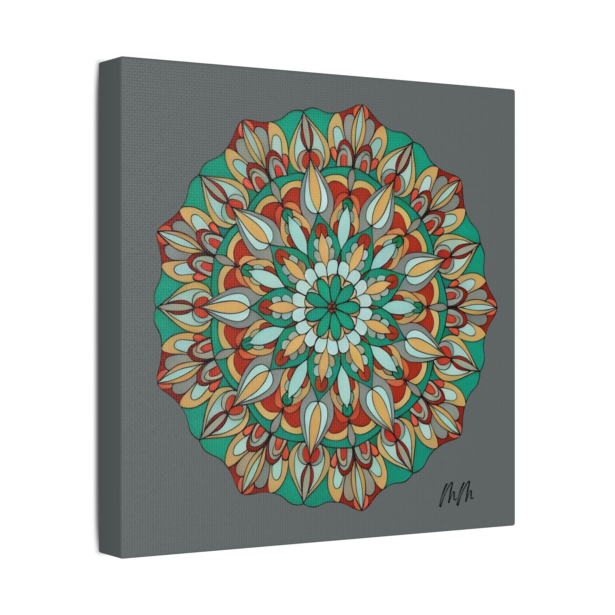 Myra Mandala Wall Art Canvas — Teal & Orange Geometric Boho Decor (Stretched Satin)
