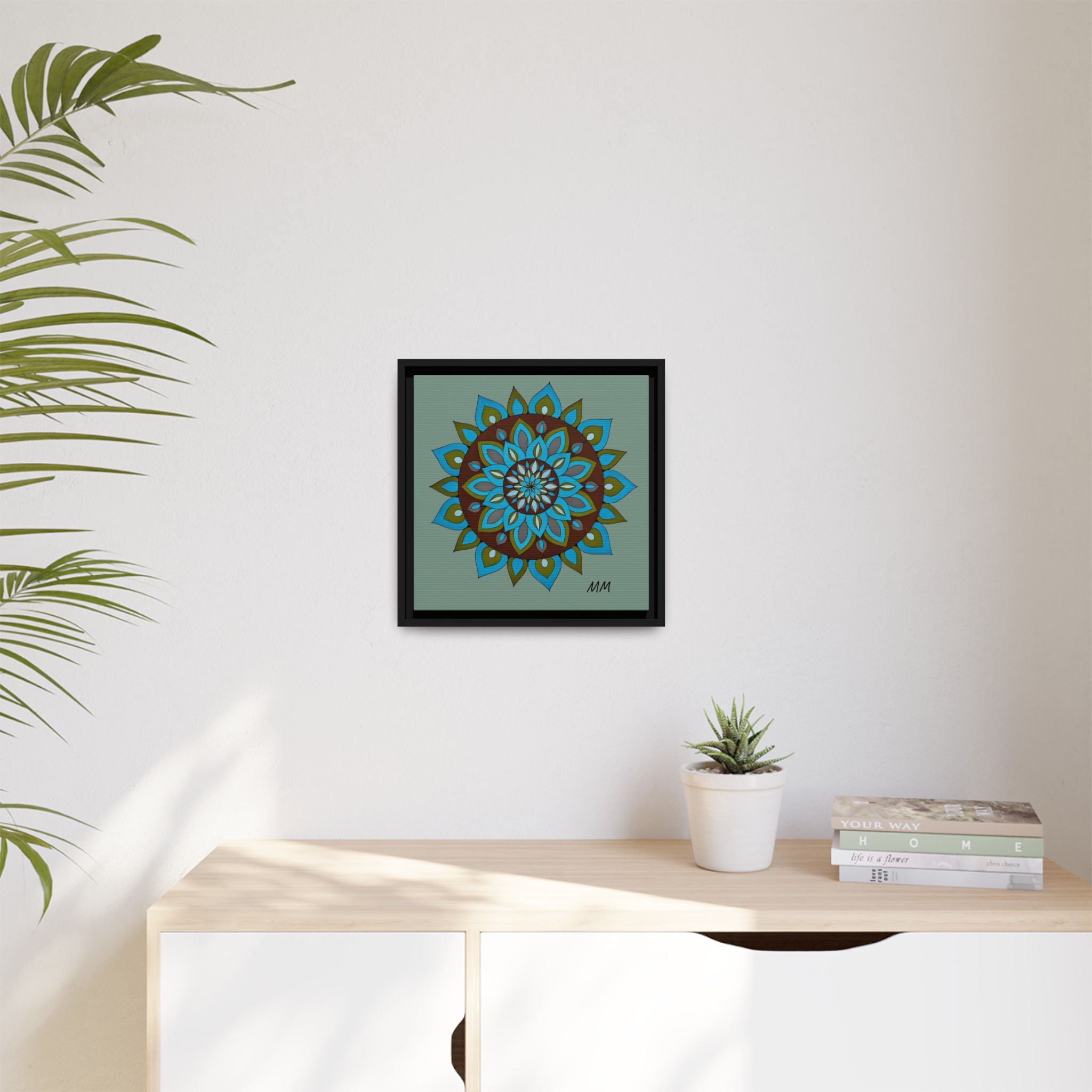 Emily Mandala Art Framed Canvas Wall Art — Blue Green Floral Geometric
