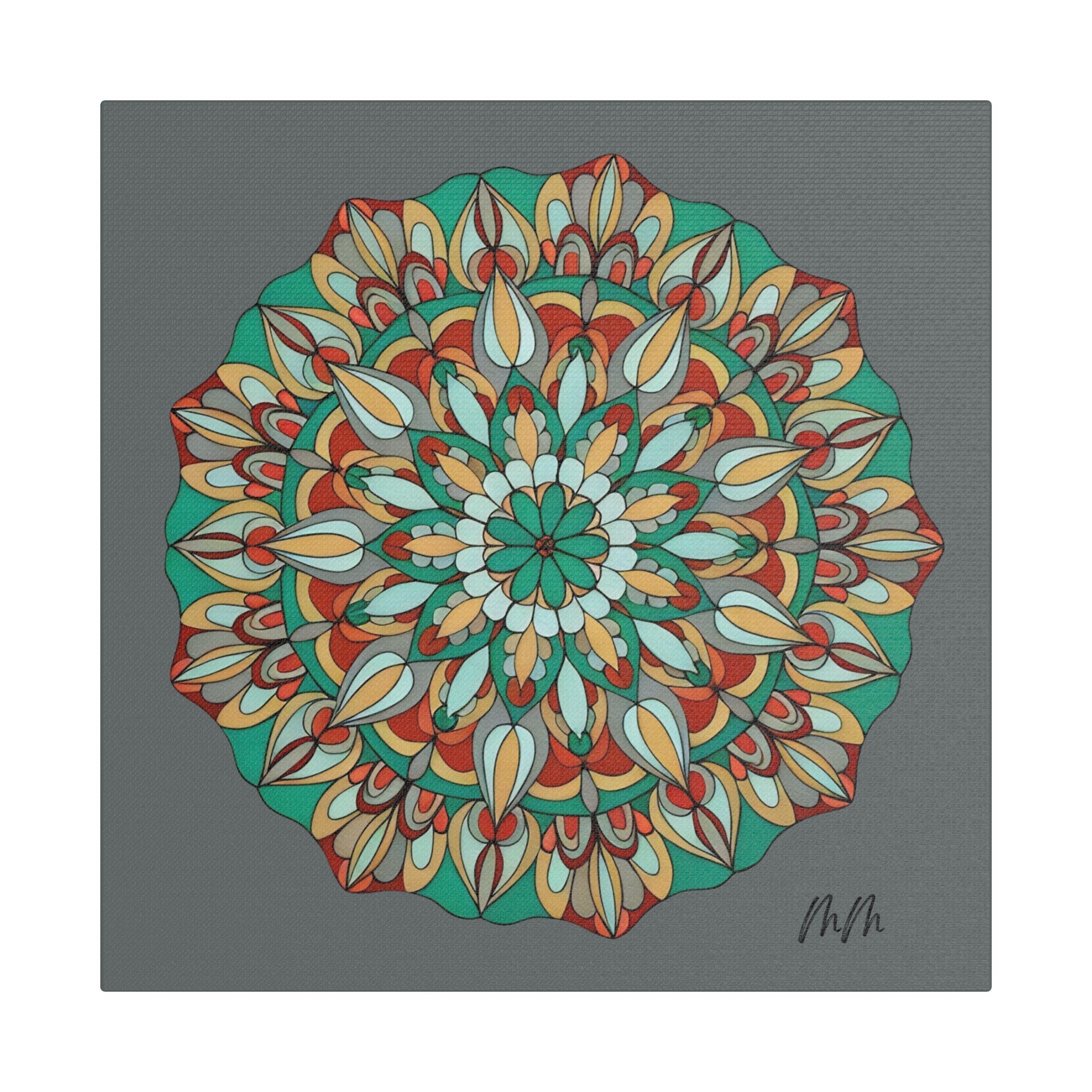 Myra Mandala Wall Art Canvas — Teal & Orange Geometric Boho Decor (Stretched Satin)