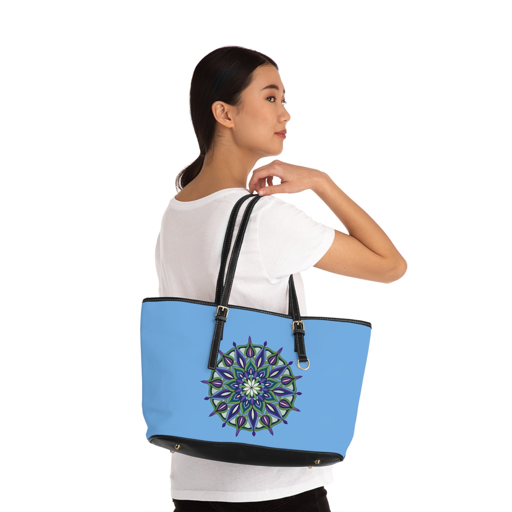Greeshmi  Mandala Art PU Leather Shoulder Bag — Blue Mandala Tote for Everyday, Yoga & Gifts by Infinite Hue