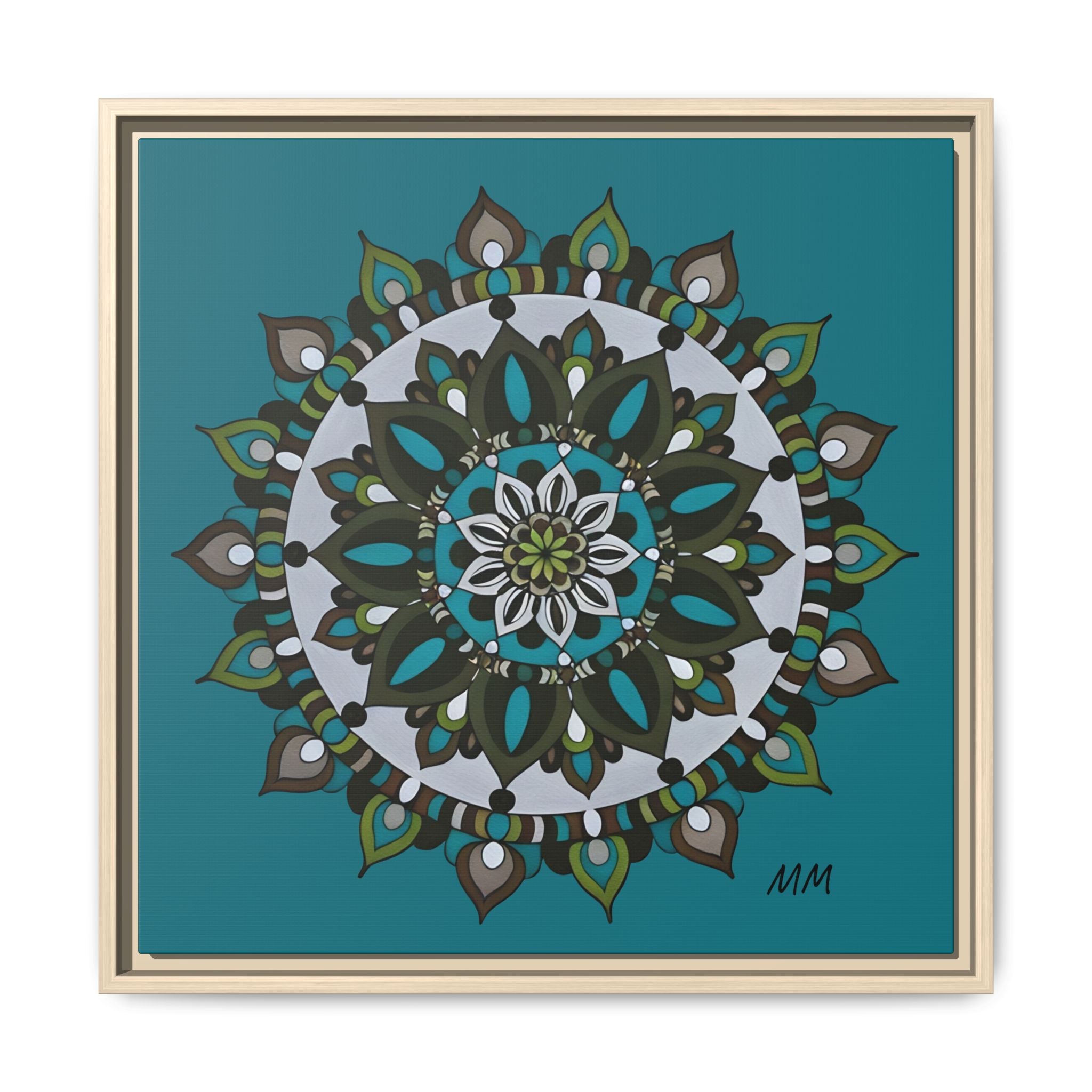 Remi Teal Mandala Framed Canvas — Matte Floral Wall Art