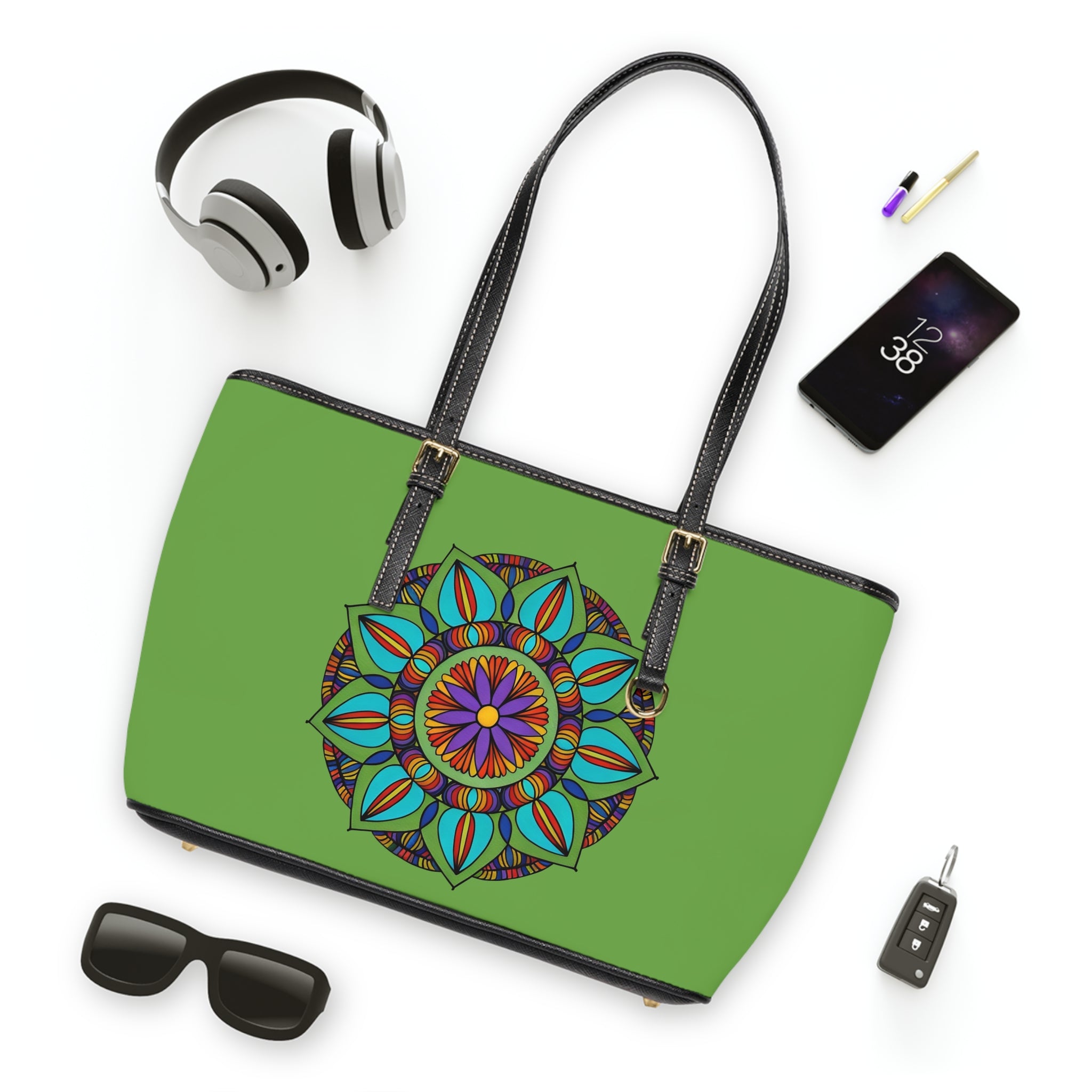 Monique Mandala Shoulder Bag - Green PU Leather Tote with Colorful Boho Flower Design