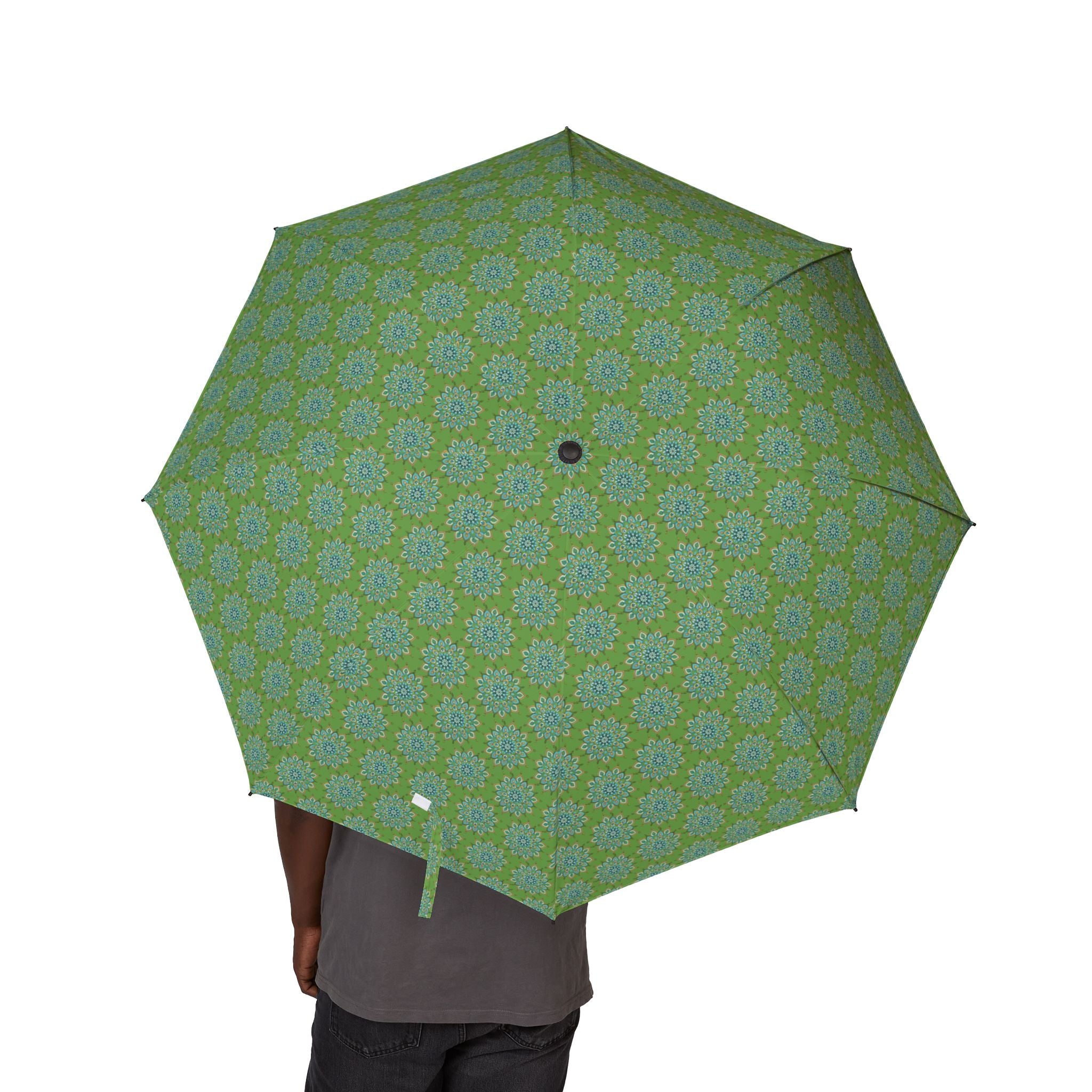 Mary Mandala Art Green Geometric Foldable Umbrella — Semi-Automatic Compact Rain Travel Umbrella