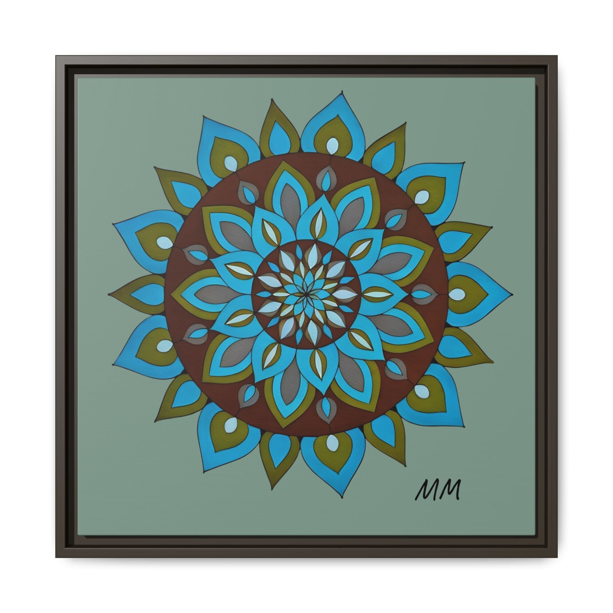 Emily Mandala Art Framed Canvas Wall Art — Blue Green Floral Geometric