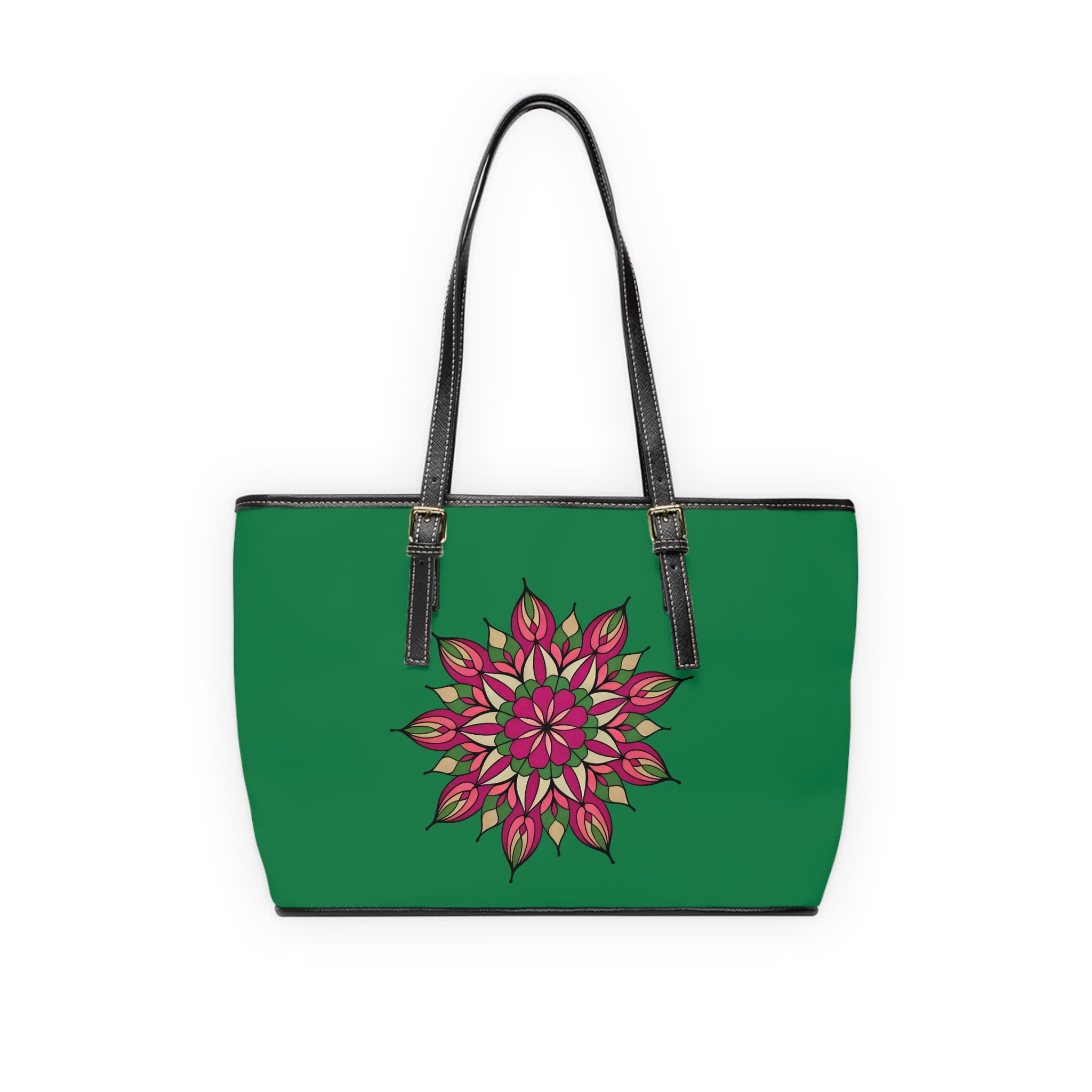 Avery Mandala Floral Mandala PU Leather Shoulder Bag – Green Pink Boho Tote by Infinite Hue