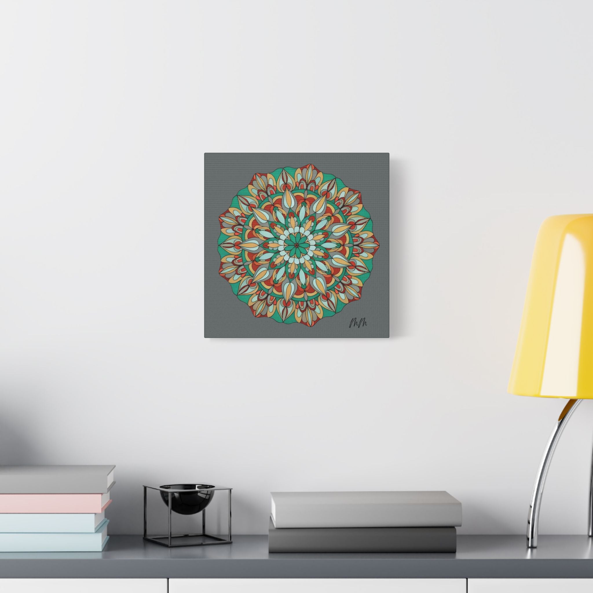 Myra Mandala Wall Art Canvas — Teal & Orange Geometric Boho Decor (Stretched Satin)