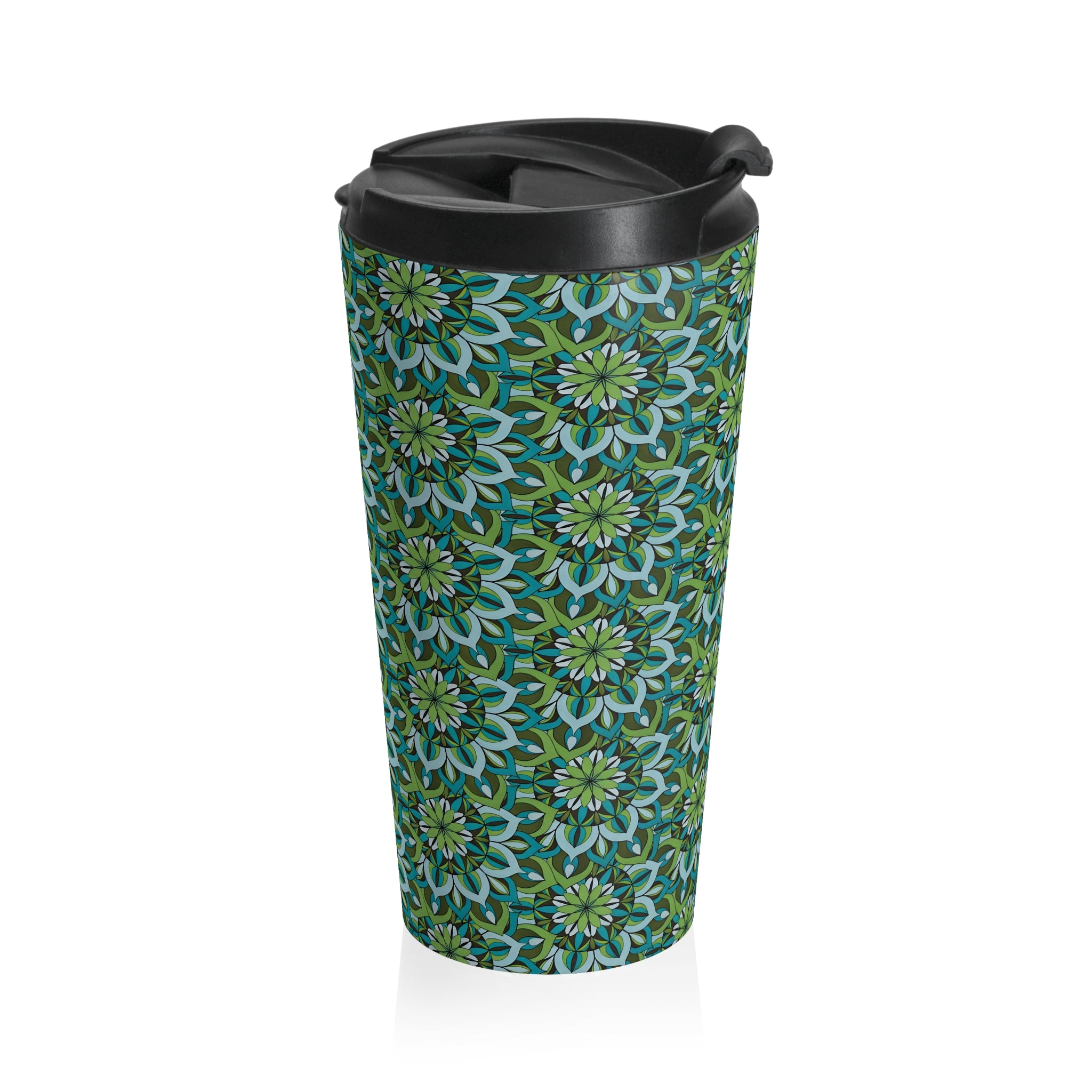 Lynne Mandala Art Green Floral Travel Mug — Stainless Steel Insulated Tumbler