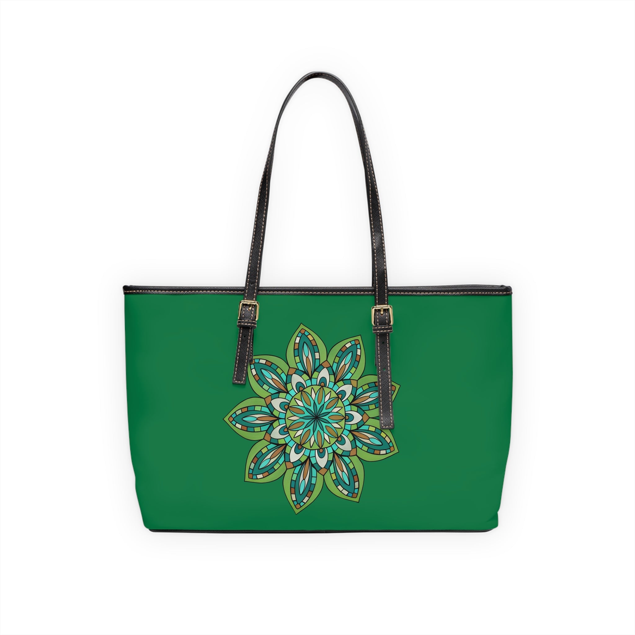 Raneem Green Floral Mandala Shoulder Bag — PU Leather Tote for Everyday & Travel