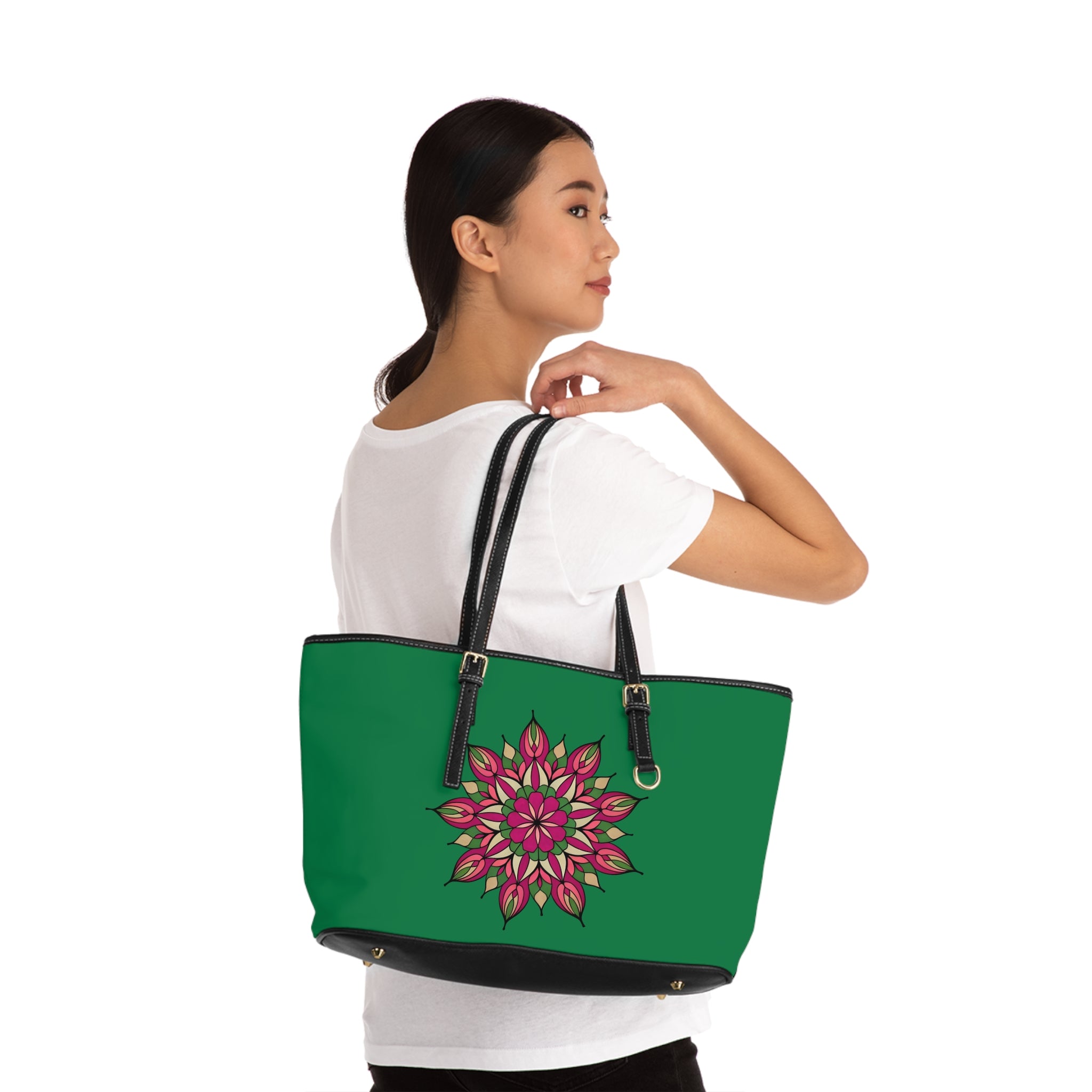 Avery Mandala Floral Mandala PU Leather Shoulder Bag – Green Pink Boho Tote by Infinite Hue