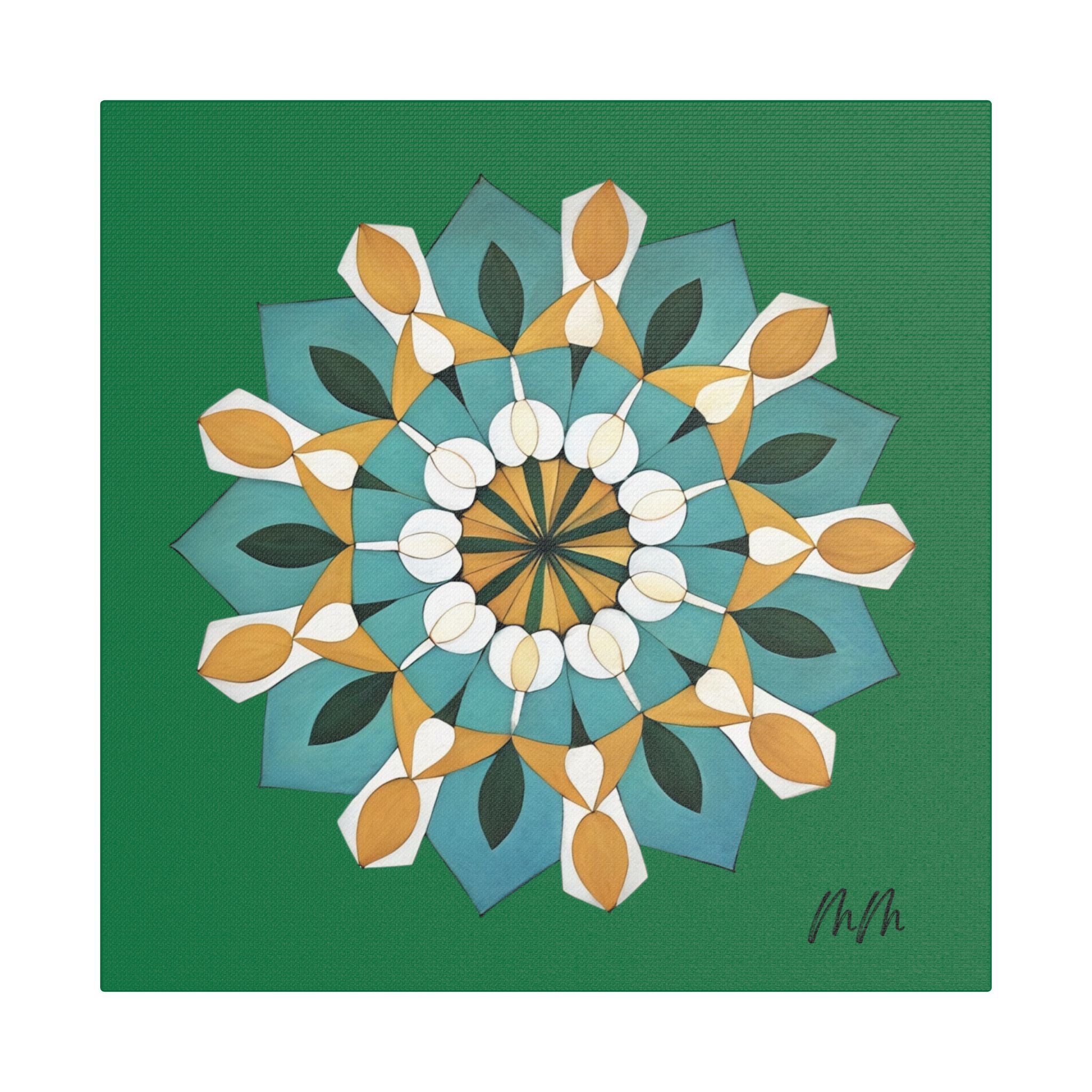 Daphne Mandala Floral Stretched Satin Canvas Wall Art — Teal & Gold Geometric Decor