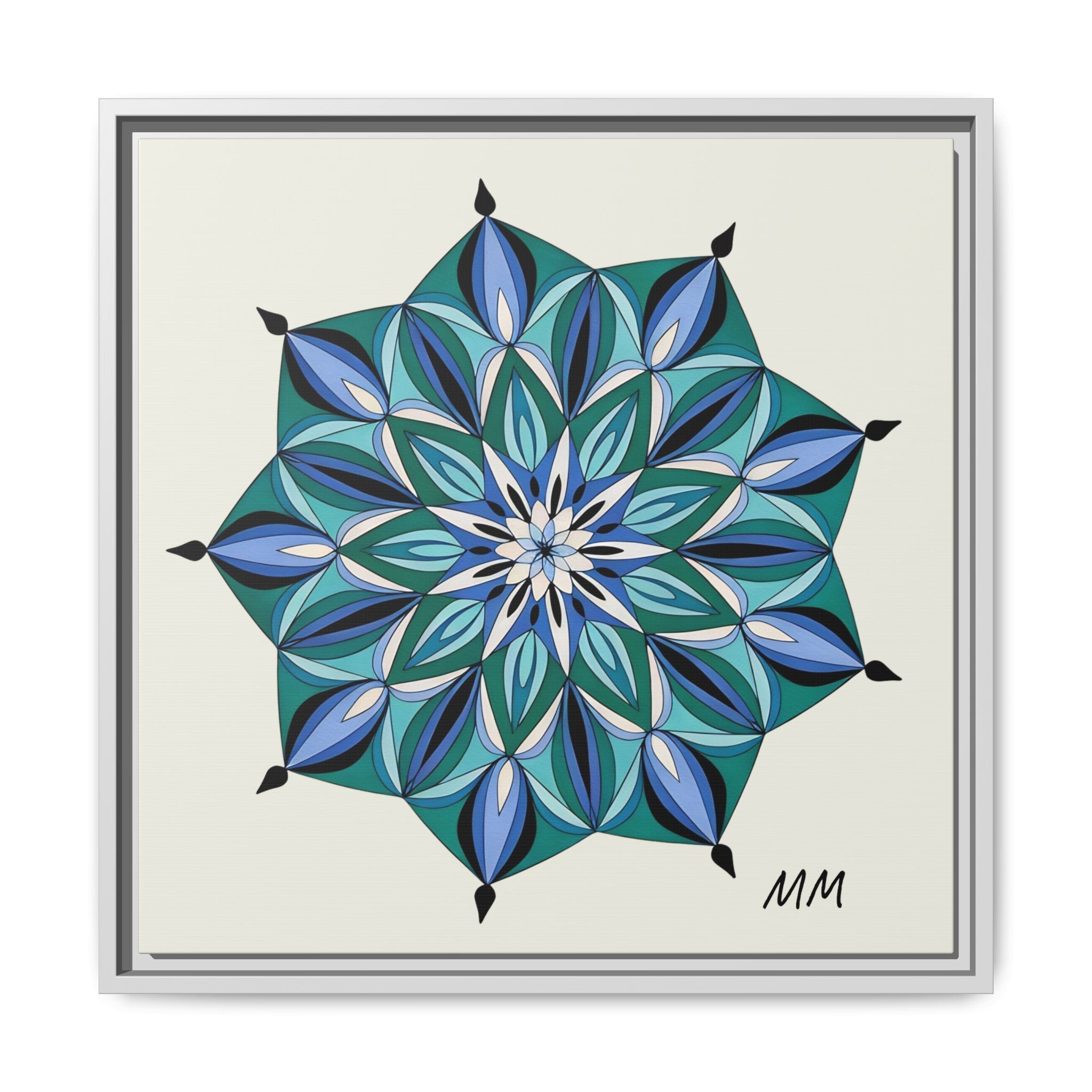 Arabella Blue Green Mandala Framed Canvas Print — Modern Geometric Wall Art