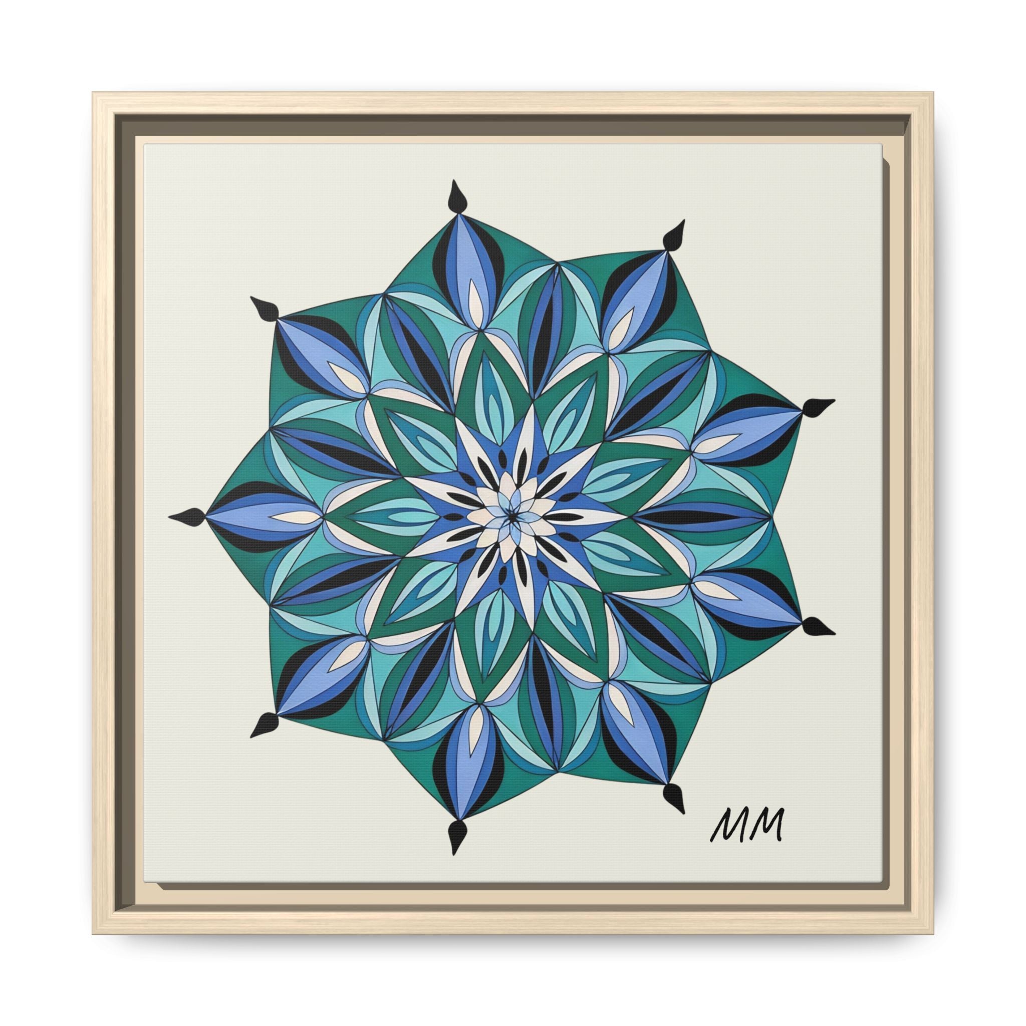 Arabella Blue Green Mandala Framed Canvas Print — Modern Geometric Wall Art