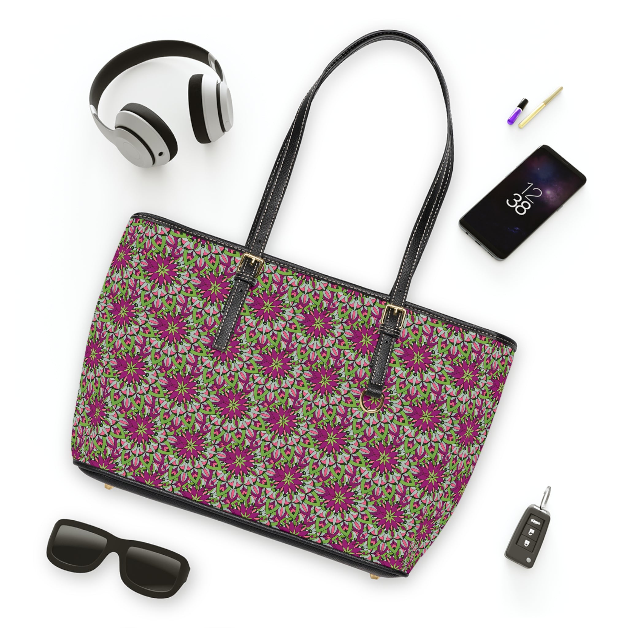 Cali Mandala Art Floral Mosaic PU Leather Shoulder Bag – Pink Green Patterned Tote