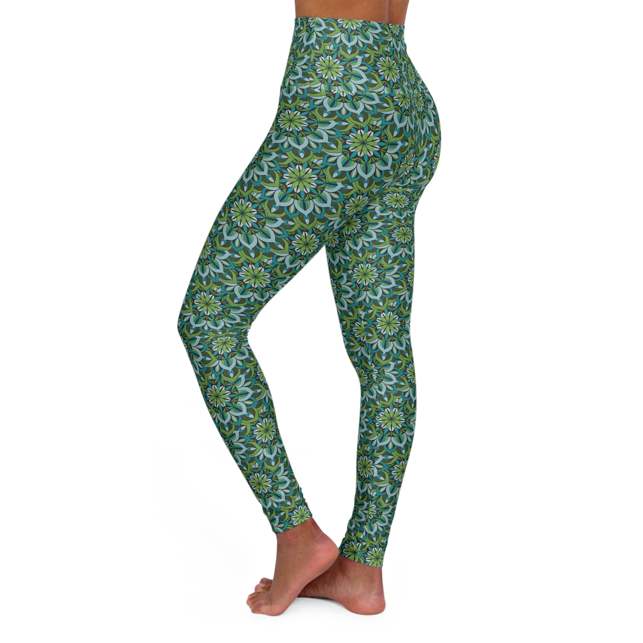 Lynne Mandala High-Waist Yoga Leggings — Green Floral Print (AOP)