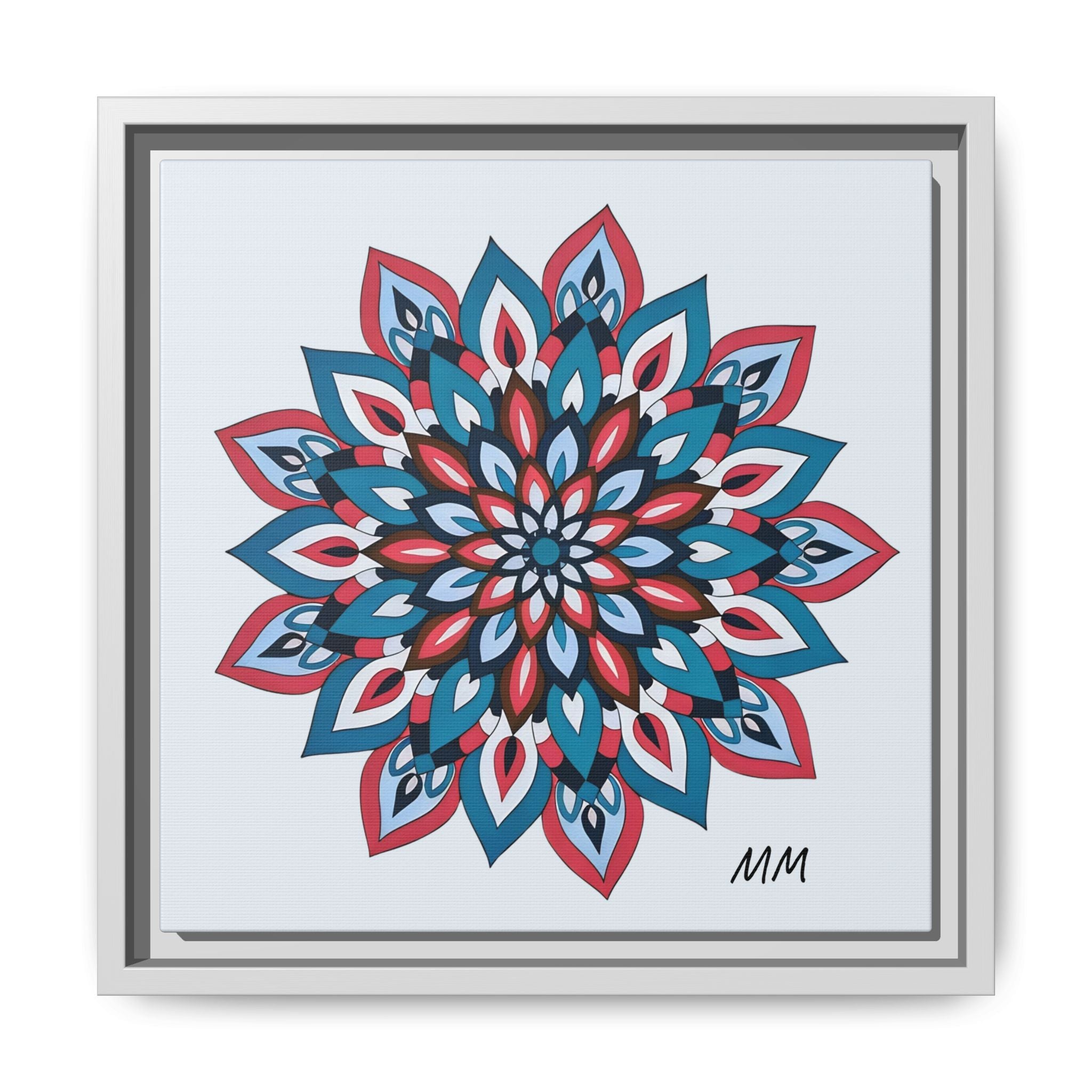 Quinn Framed Mandala Wall Art Print — Blue & Coral Floral Canvas