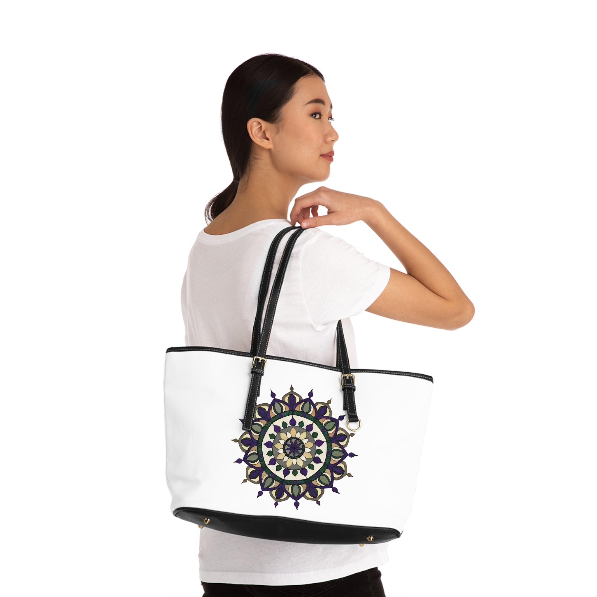 Elizabeth Mandala Shoulder Bag - Boho PU Leather Tote with Purple & Green Floral Medallion