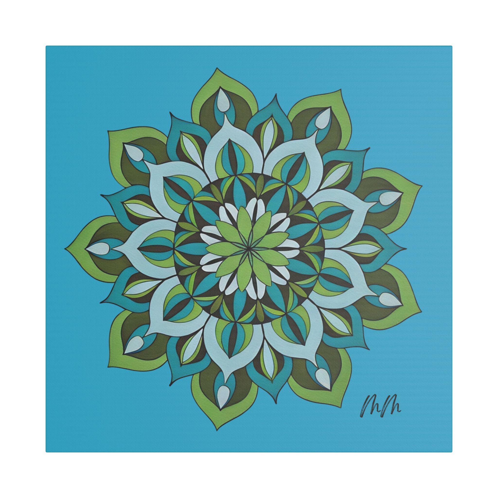 Lynne Mandala Art Green Blue Floral Mandala Satin Canvas Wall Art — Stretched Decorative Canvas