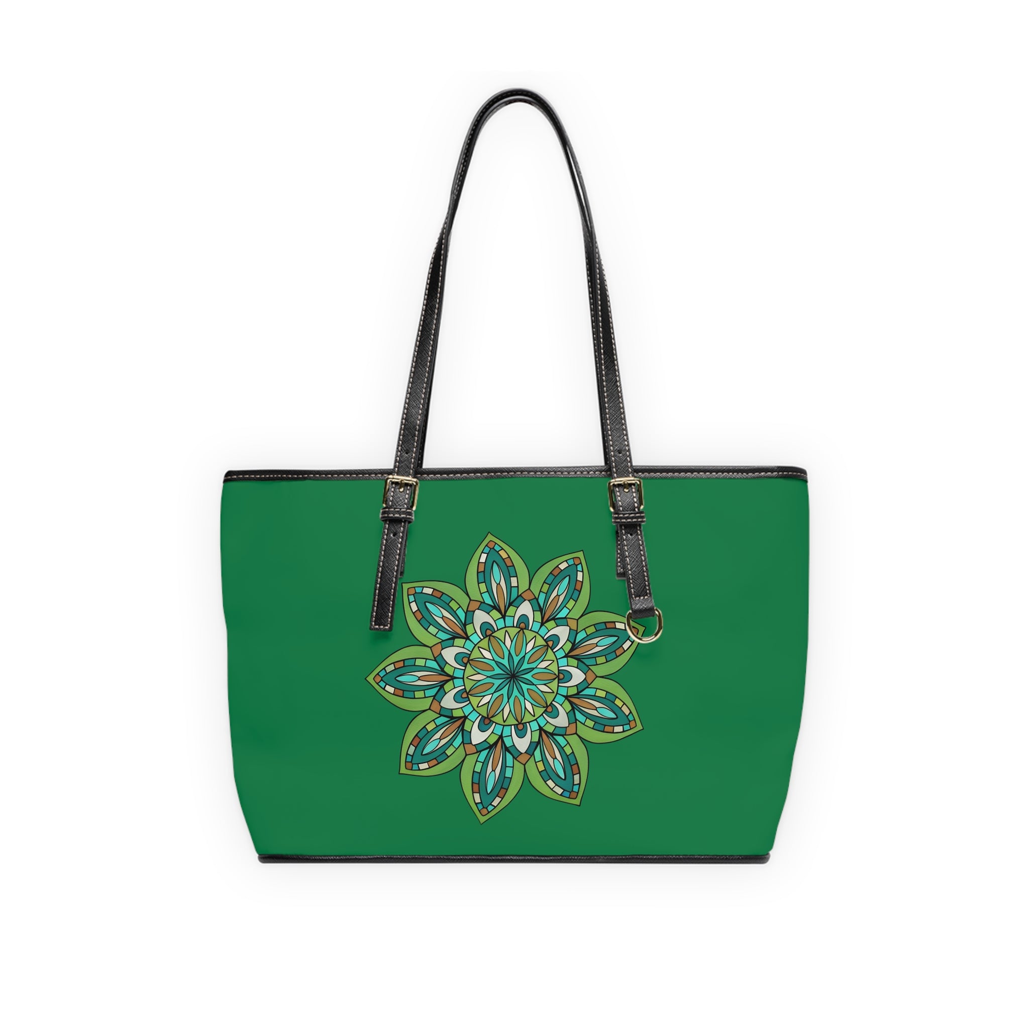 Raneem Green Floral Mandala Shoulder Bag — PU Leather Tote for Everyday & Travel