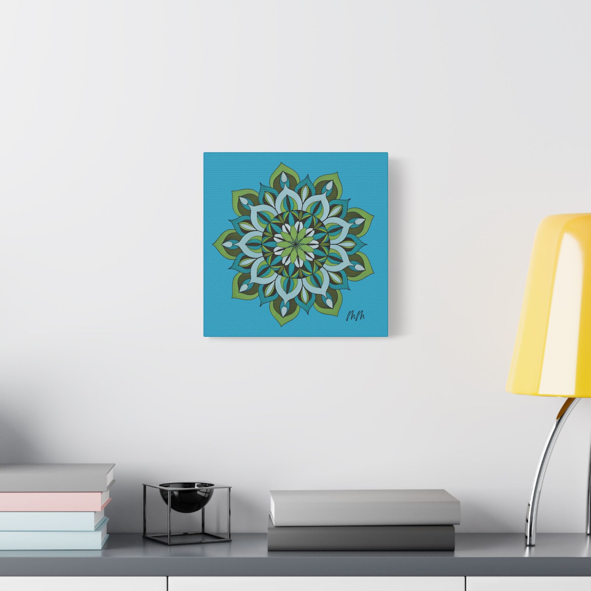 Lynne Mandala Art Green Blue Floral Mandala Satin Canvas Wall Art — Stretched Decorative Canvas