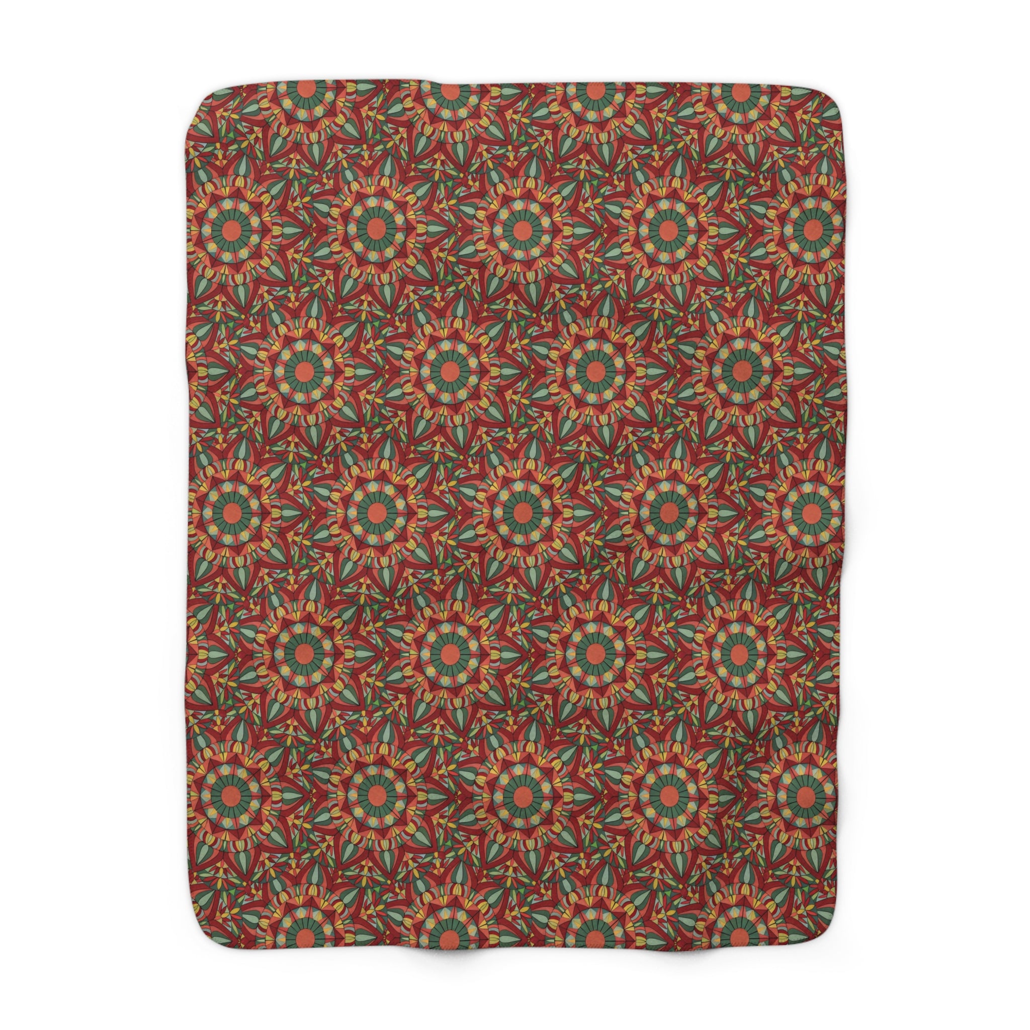 Thalia Mandala Kaleidoscope Sherpa Blanket — Cozy Red & Green Fleece Throw