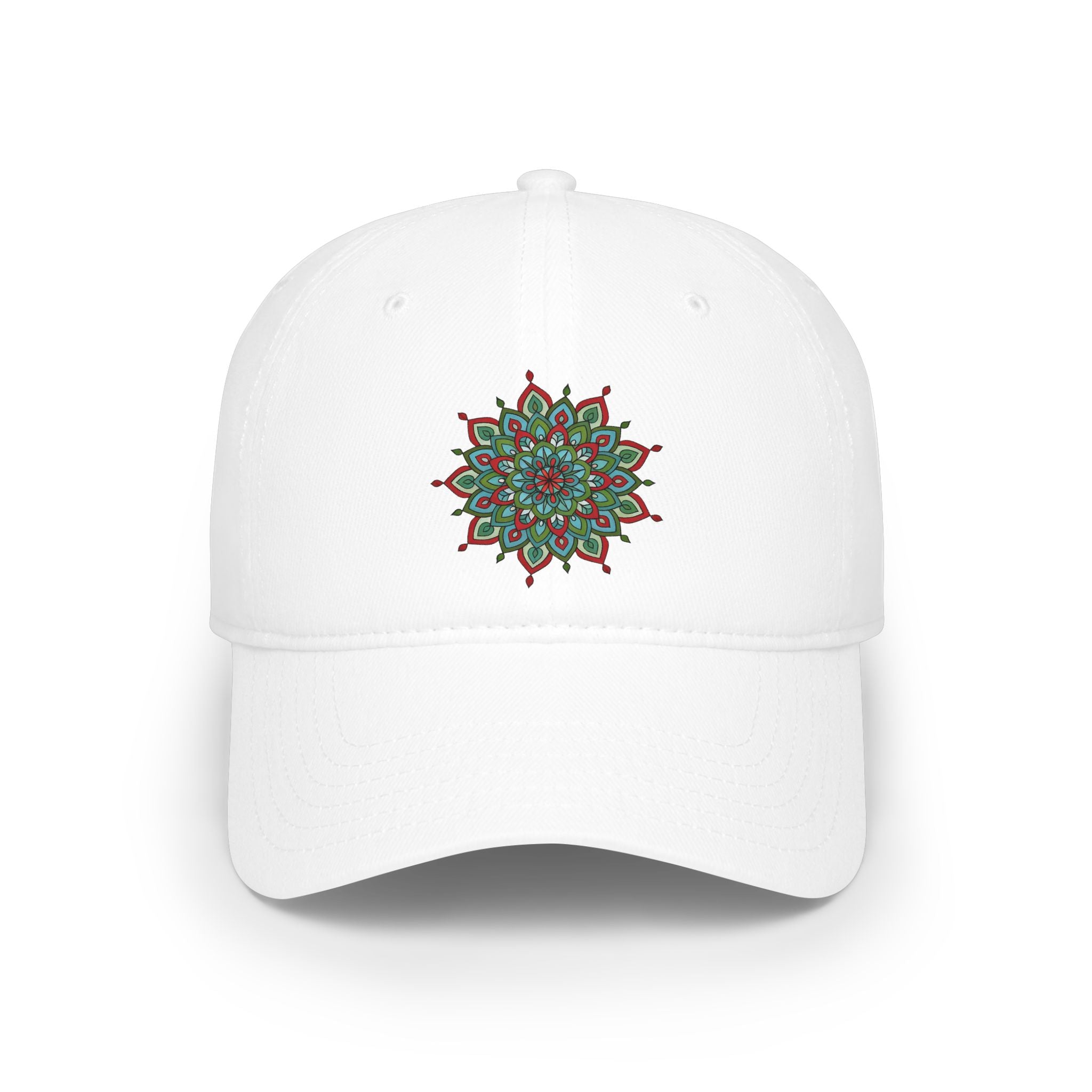 Khloe Mandala Art Floral Mandala Embroidered Baseball Cap — Green Red Lotus Design