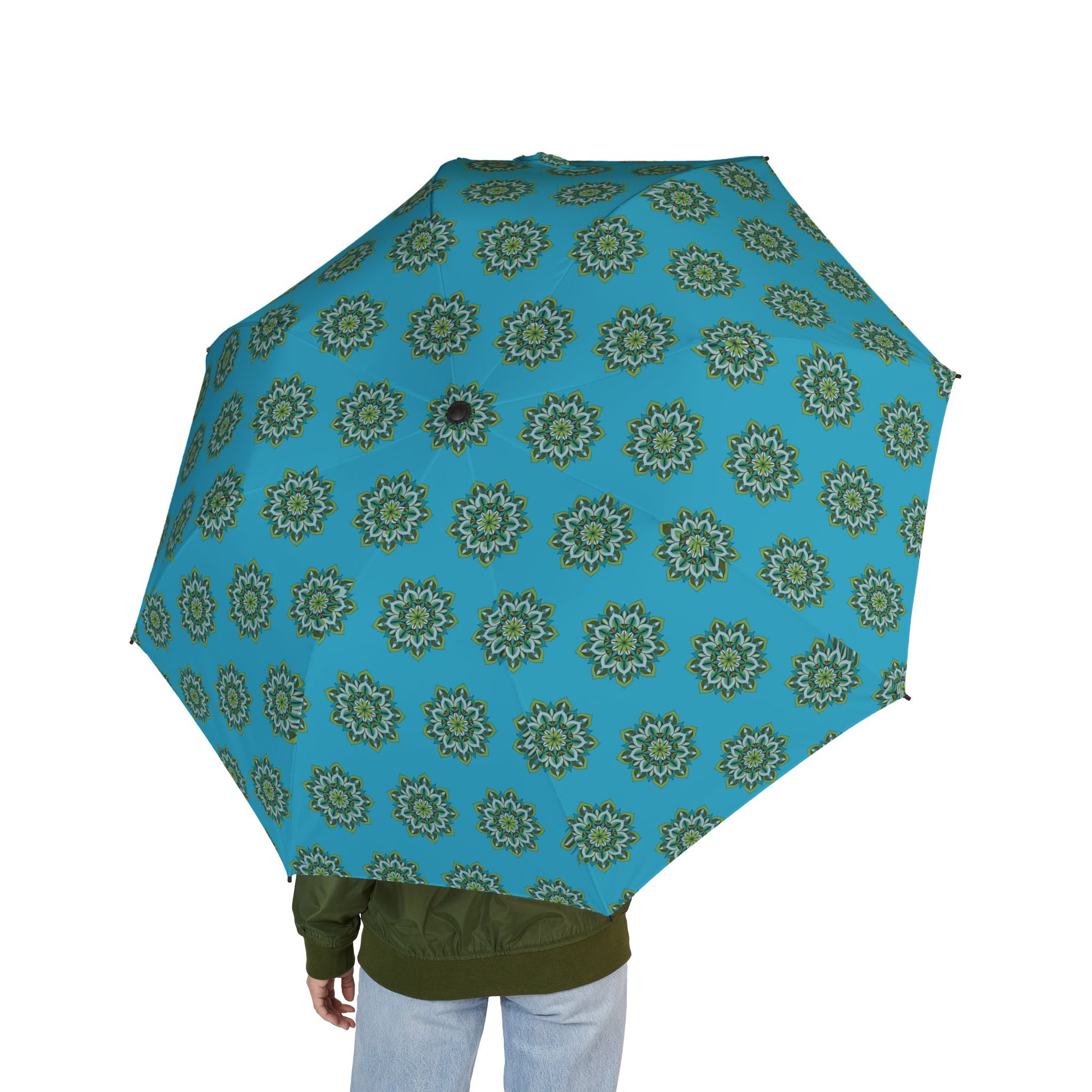 Lynne Mandala Art Compact Foldable Umbrella — Teal Mandala Semi-Automatic Travel Umbrella
