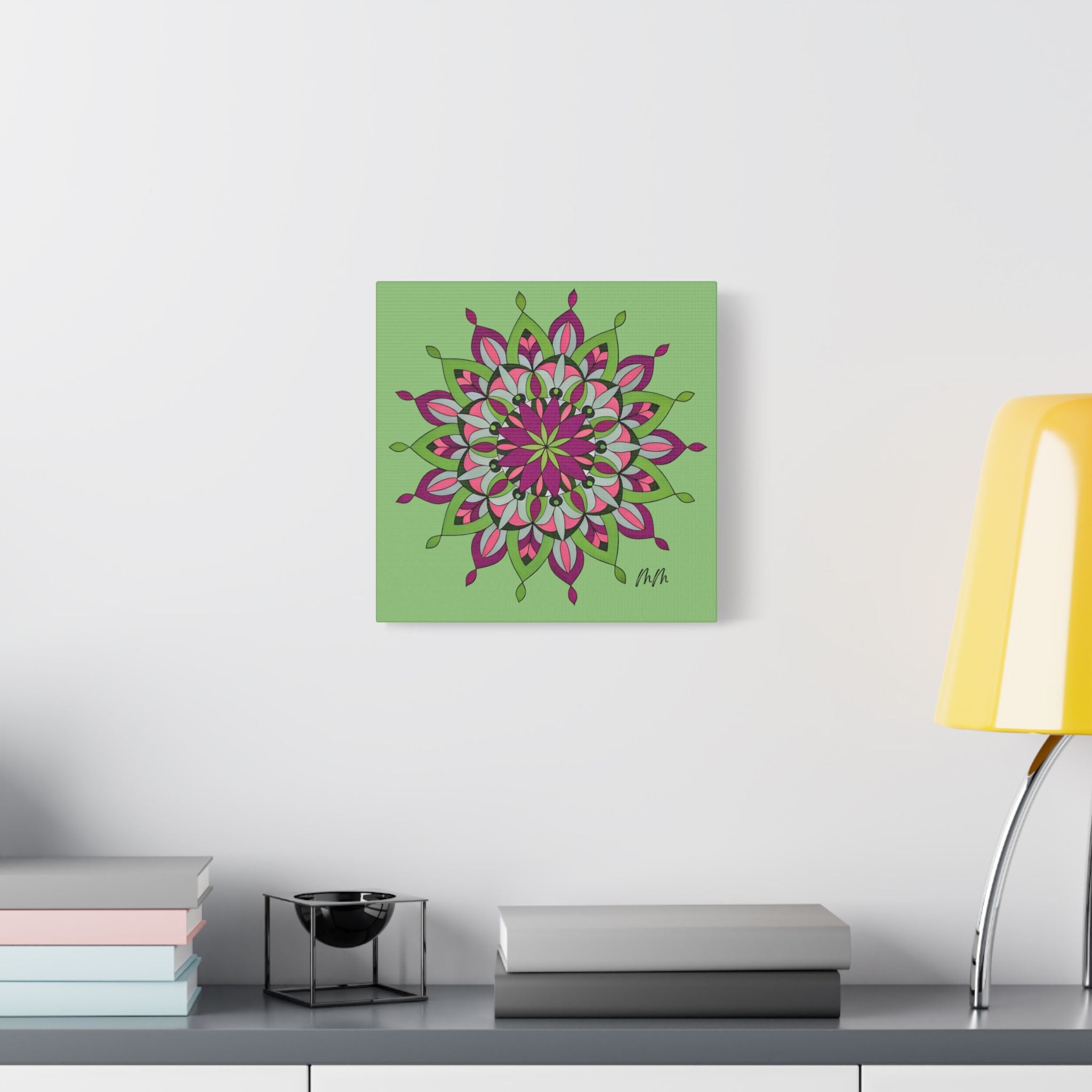 Cali Mandala Floral Satin Canvas Wall Art — Pink & Green Stretched Print