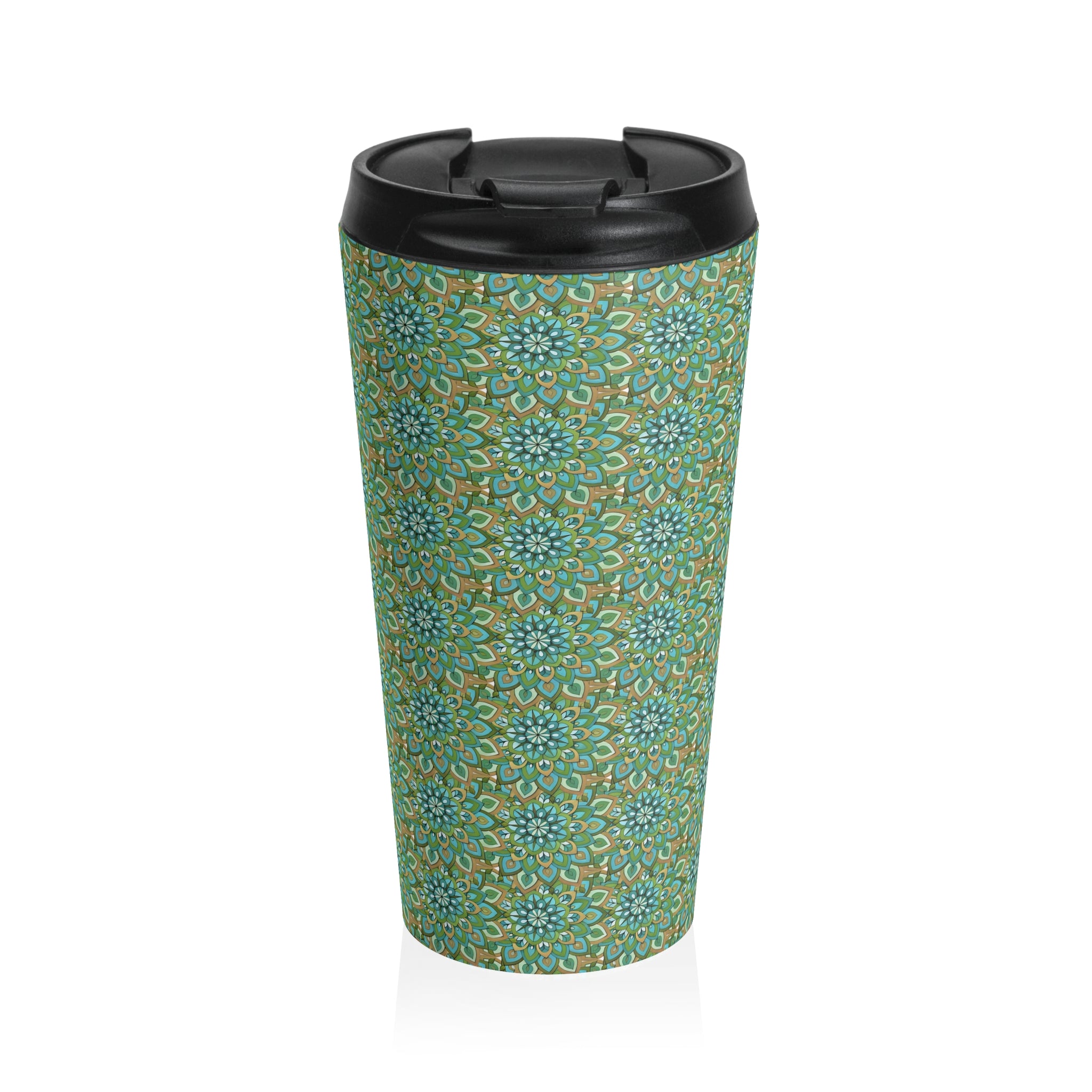 Mary Mandala Art Floral Mosaic Stainless Steel Travel Mug — Green Boho Pattern, Insulated Commuter Tumbler