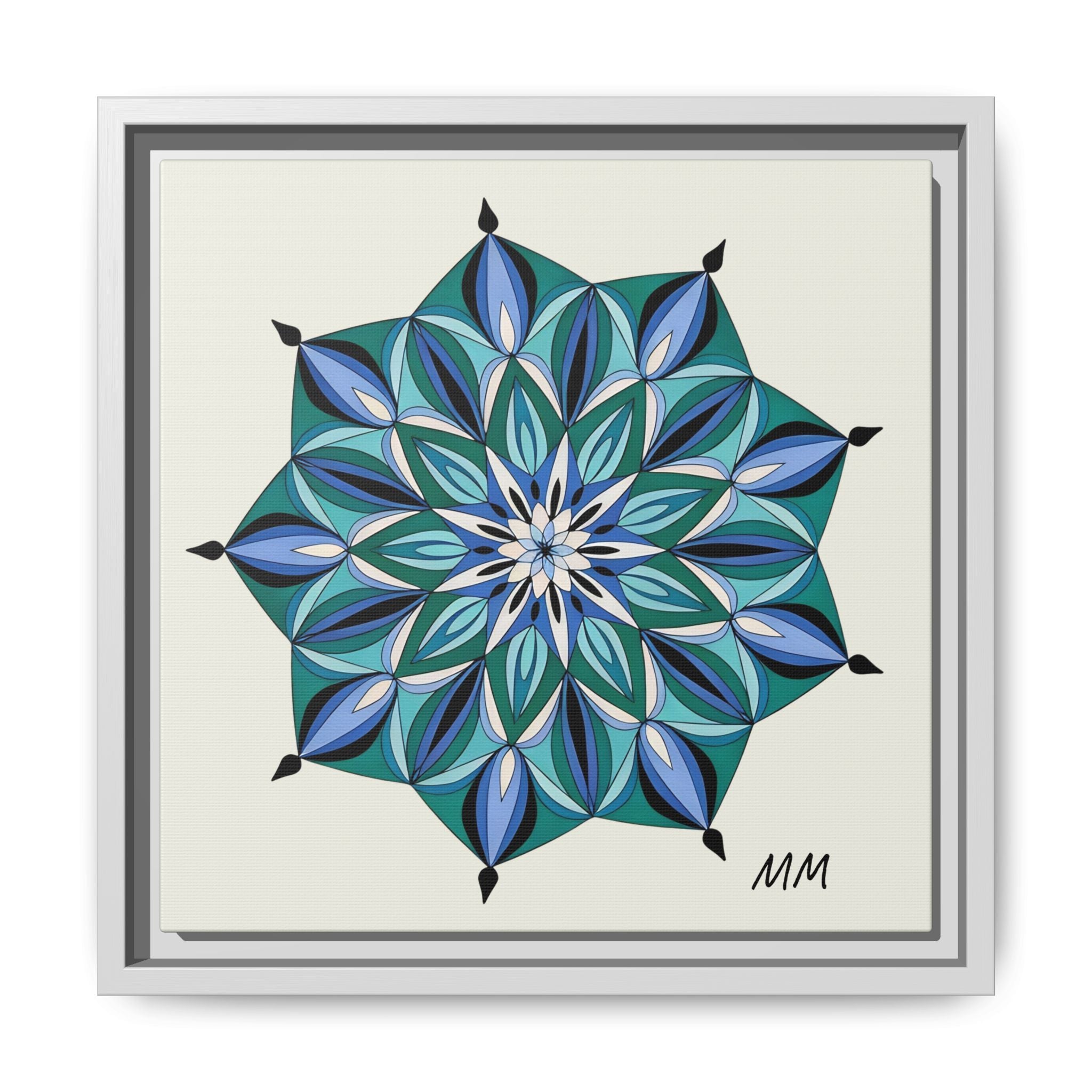 Arabella Blue Green Mandala Framed Canvas Print — Modern Geometric Wall Art