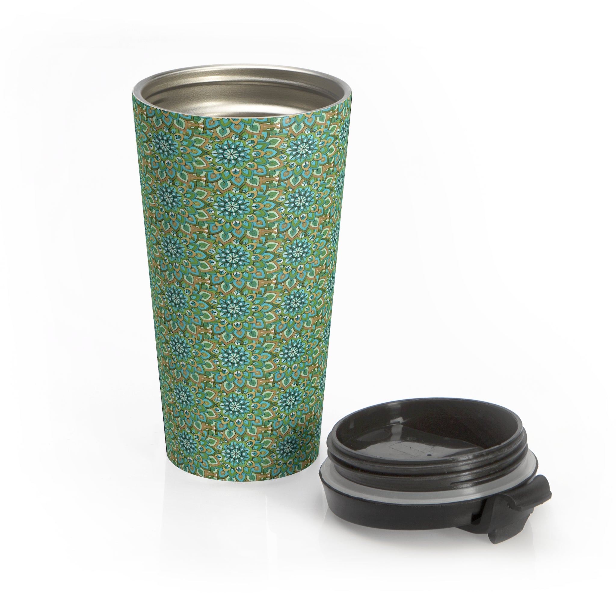 Mary Mandala Art Floral Mosaic Stainless Steel Travel Mug — Green Boho Pattern, Insulated Commuter Tumbler