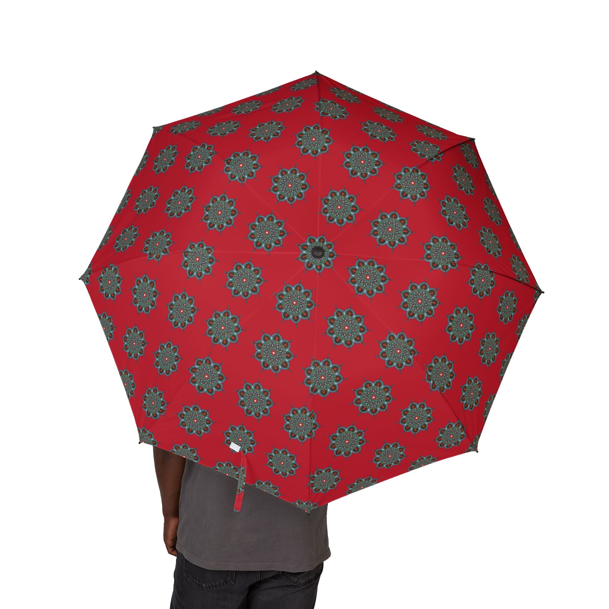 Everlee Mandala Art Compact Foldable Umbrella — Red Floral Medallion Pattern, Semi‑Automatic Travel Umbrella